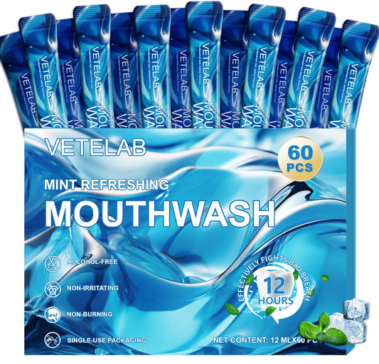 Portable Travel Size Mouthwash Packets - TSA-Approved Mini Mint Mouthwash for Adults, Alcohol & Fluoride-Free Oral Care for Air Travel, Dates & Office, 60 Individually Wrapped 0.4oz Packs