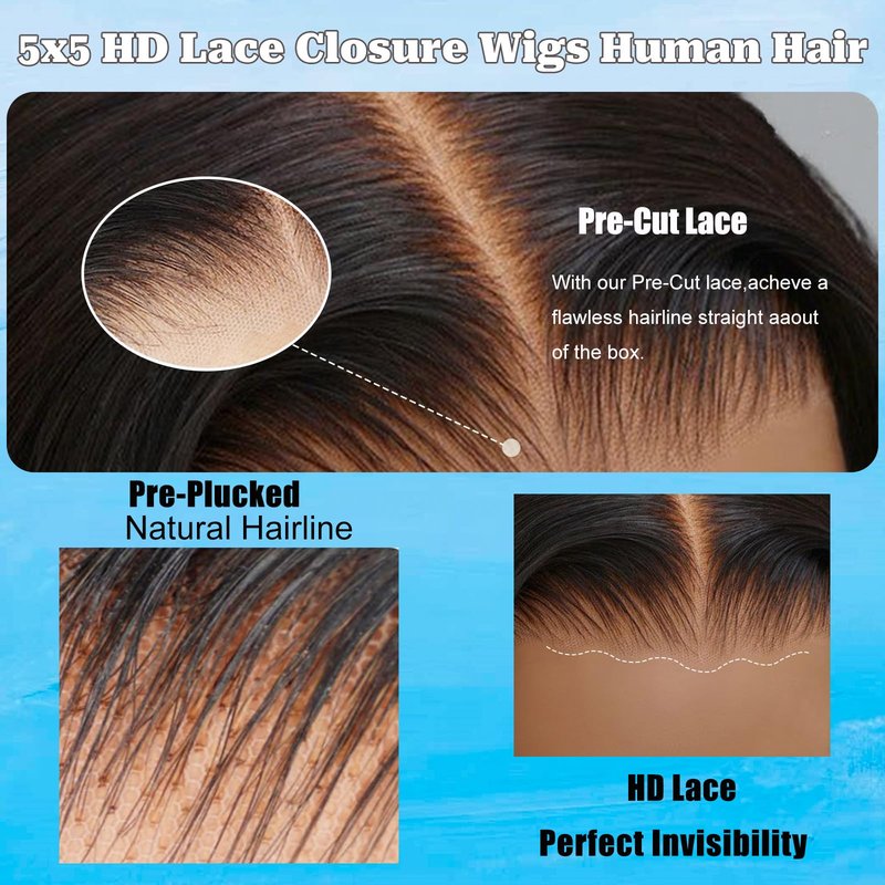 yosly Short Stright Bob Wig Human Hair Glueless Wigs Human Hair Pre Plucked Pre Cut 5x5 HD Lace Closure Wigs Human Hair Middle Part Glueless Wigs Human Hair For Black Women Natural Color 10inch
