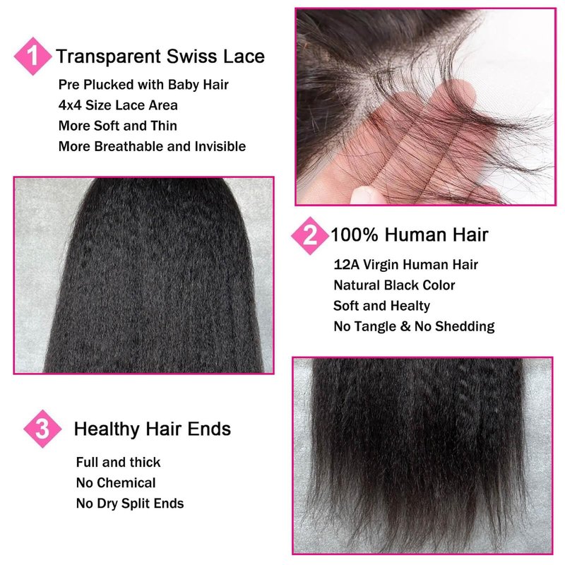 Kinky Straight 4x4 HD Lace Closure Human Hair Extensions 12A Brazilian Virgin Remy 100% Unprocessed Human Hair Yaki Straight Free Part Closure Only Pre Plucked With Baby Hair Natural Black 12 inch