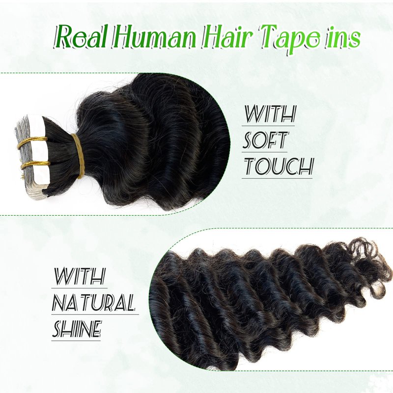 Deep Wave Tape in Hair Extensions Human Hair,20 Inch Black Hair Extensions Real Remy Human Hair Curly Tape ins for Black Women,20pcs Double Sided Invisible Tape Hair Extension 50g/pack