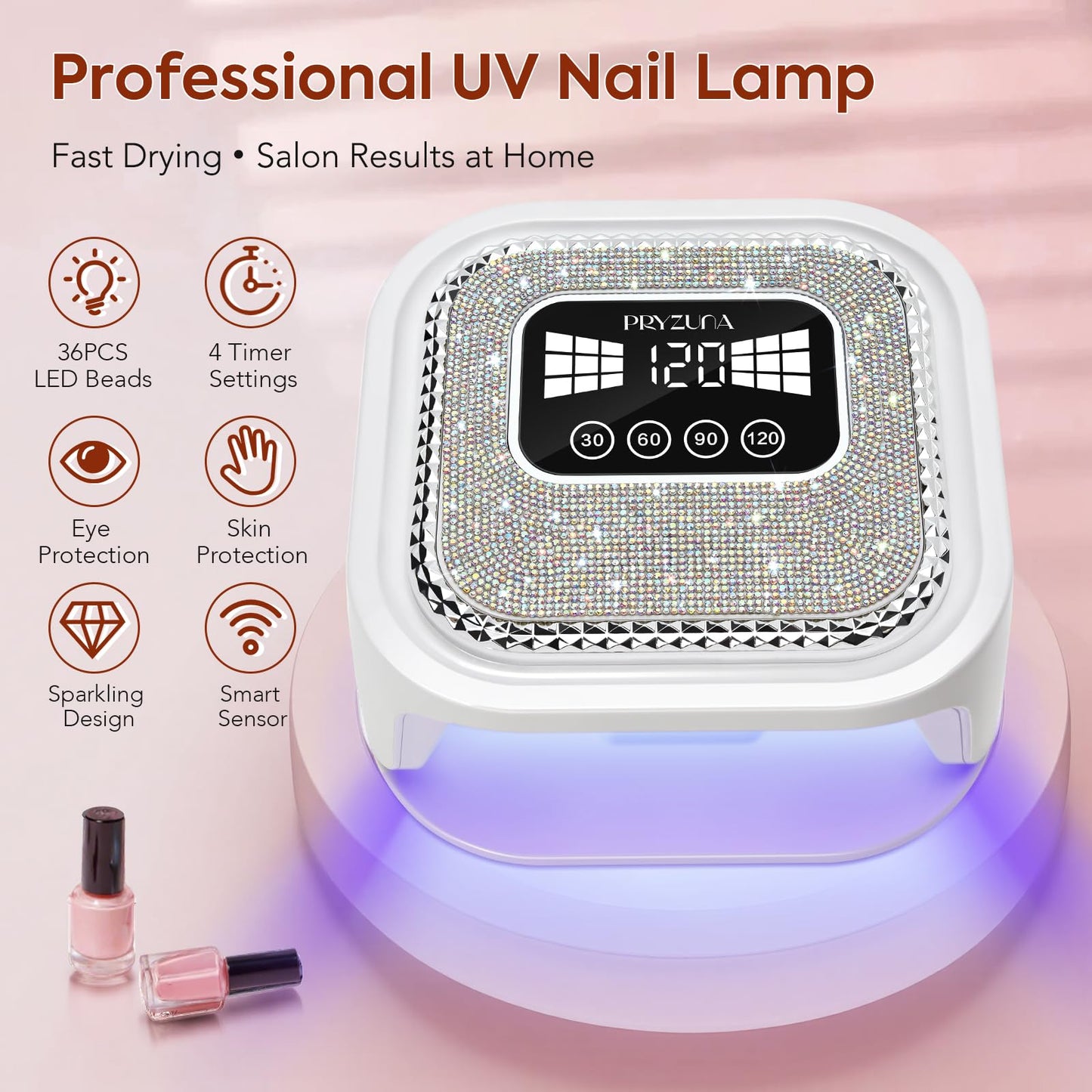 UV LED Nail Lamp for Gel Polish with 36 LED Beads & 4 Timer Settings, UV Light for Gel Nails, Professional Fast Curing Nail Dryer with LCD Touch Display, Auto Sensor (Sparkly Diamond White)