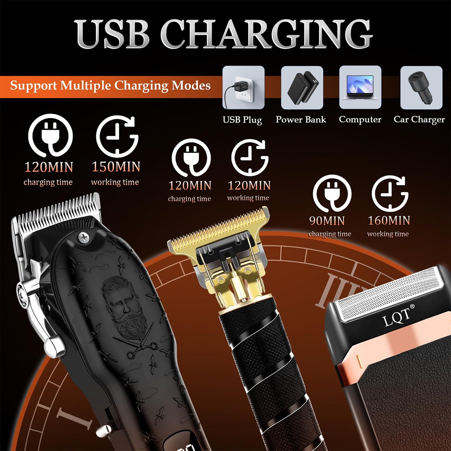 LQT Professional Hair Clippers for Men, Cordless T-Blade Beard Trimmer Kit, LED Display,Long Battery Life, Rechargeable Electric Hair Cutting Machine for Home & Barber, Best Gift for Holidays (Silver)