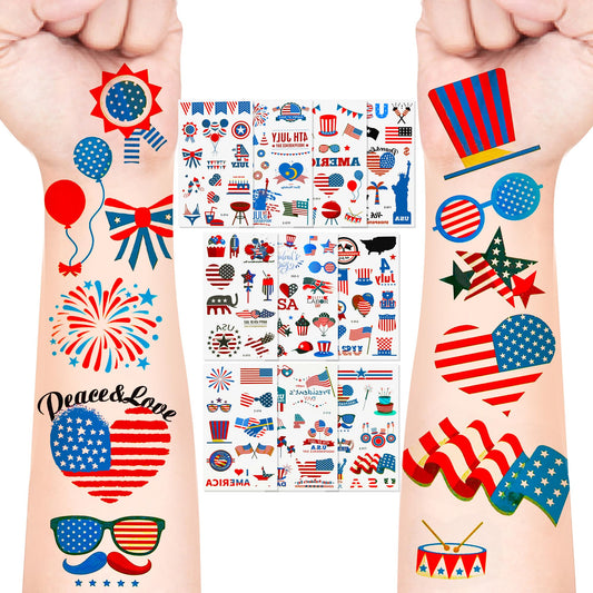 4th of July Tattoos,100PCS 4th of July Temporary Tattoos,Fourth of July Accessories,Red White and Blue Party Supplies Independence Day 2.7x 4.8 inches 10 Sheets