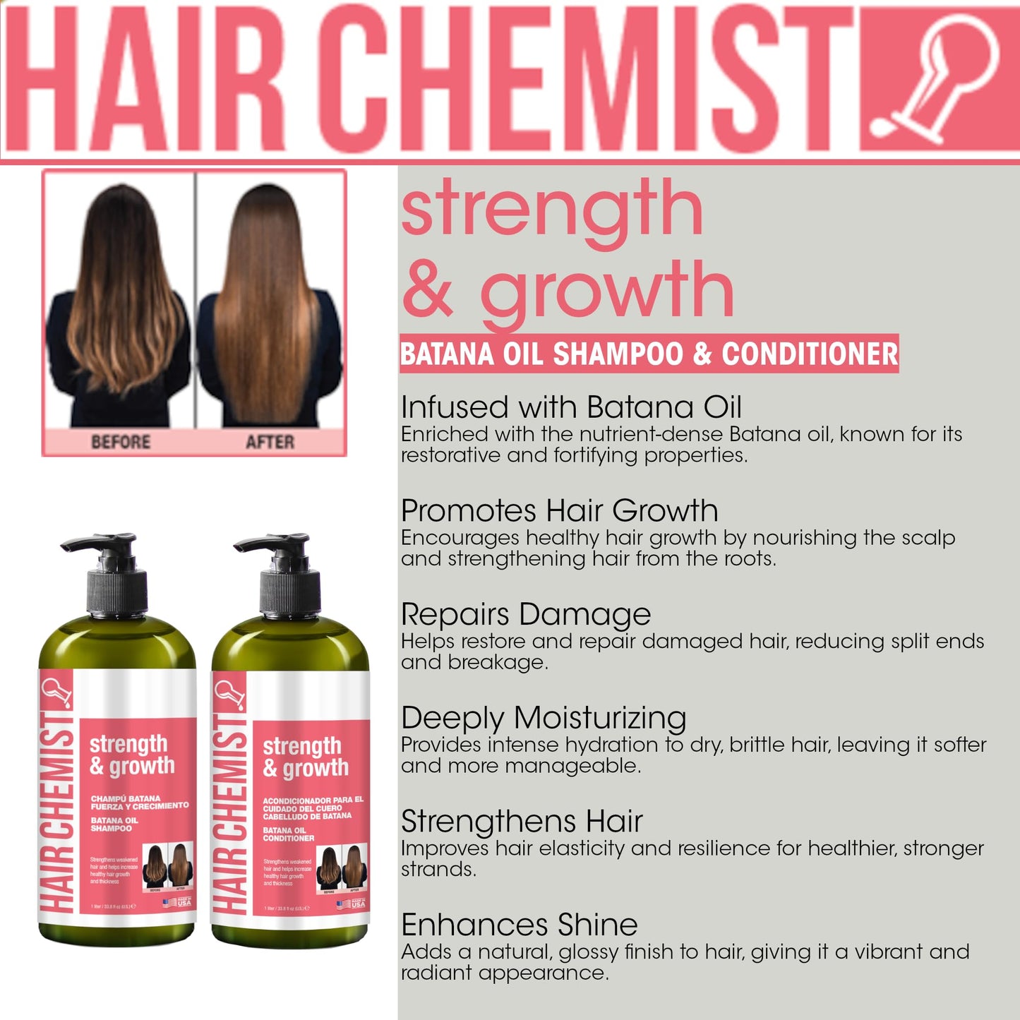 Hair Chemist Strength & Growth Batana Oil Shampoom Conditioner Set 33.8 oz. & Hair Oil 7.1 oz. (3-PC Set) - Batana Shampoo and Conditioner for Hair Growth, Thickening and Strength