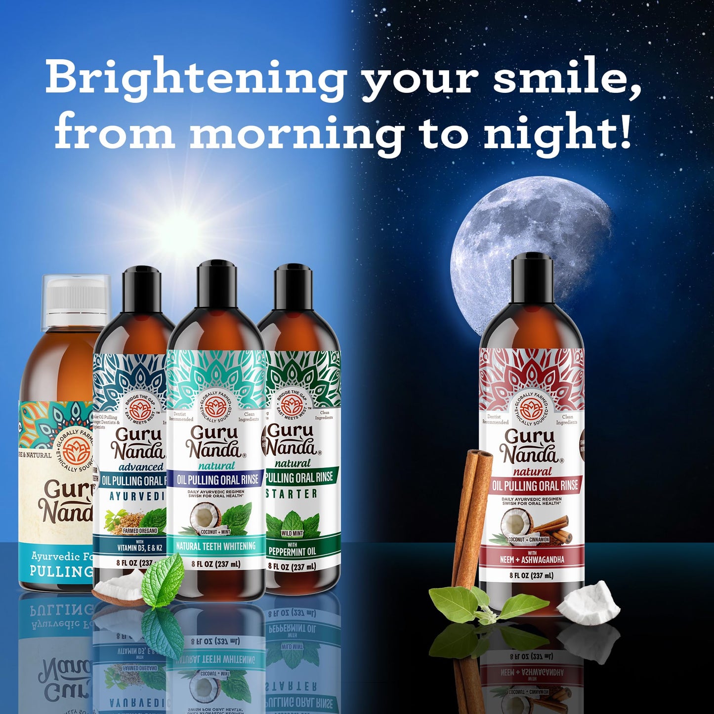 GuruNanda Coconut & Peppermint Oil Pulling (8 Fl.Oz) and Ashwagandha Oil Pulling (8 Fl Oz), Alcohol Free Whitening Mouthwash for Fresh Breath & Whiter Teeth