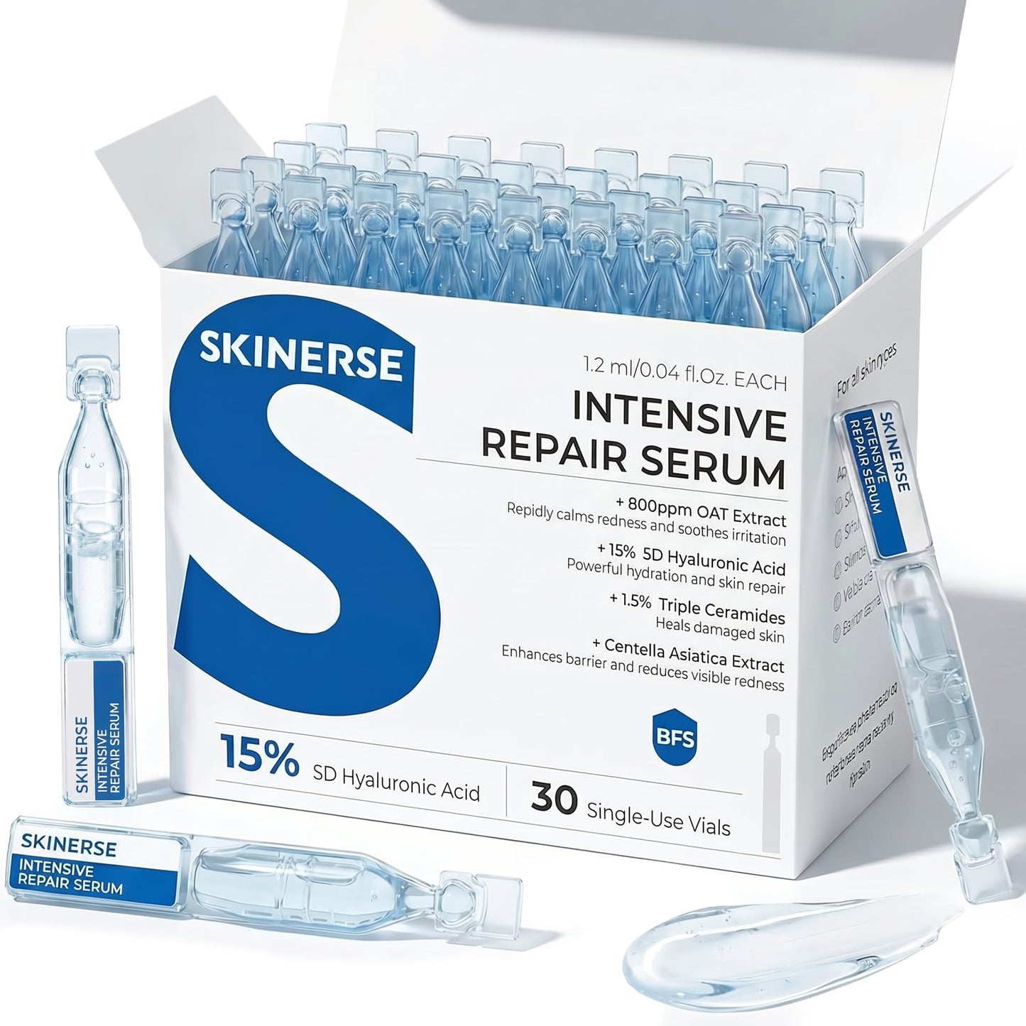 SKINERSE Intensive Repair Serum, 15%Hyaluronic Acid for Sensitive Skin Anti Aging Ultra Hydrating Serum for Face Calming Barrier Repair Redness Relief with Ceramides Centella 30Vials Daily Travel Care