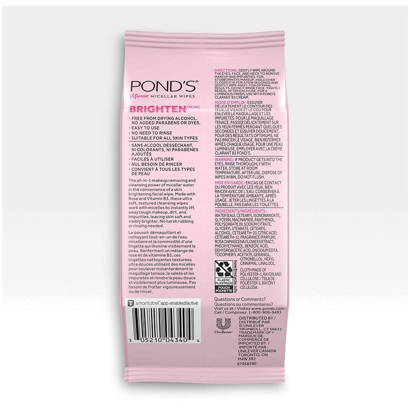Pond's Vitamin Micellar Wipes For Dark Spots Brighten Rose Removes Waterproof Makeup 25 Wipes