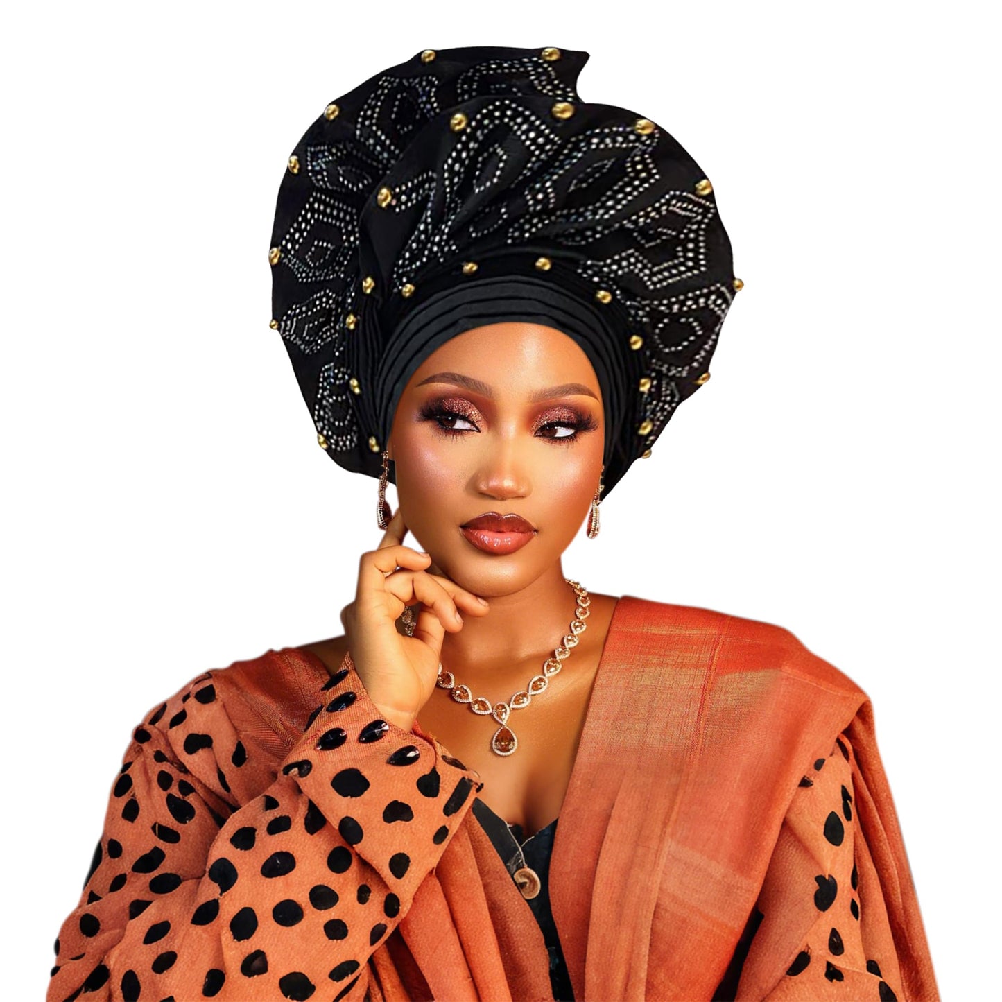 Nigerian headwear African headscarf,Auto Gele headband,hand wrap beaded - made for weddings parties events (Golden)