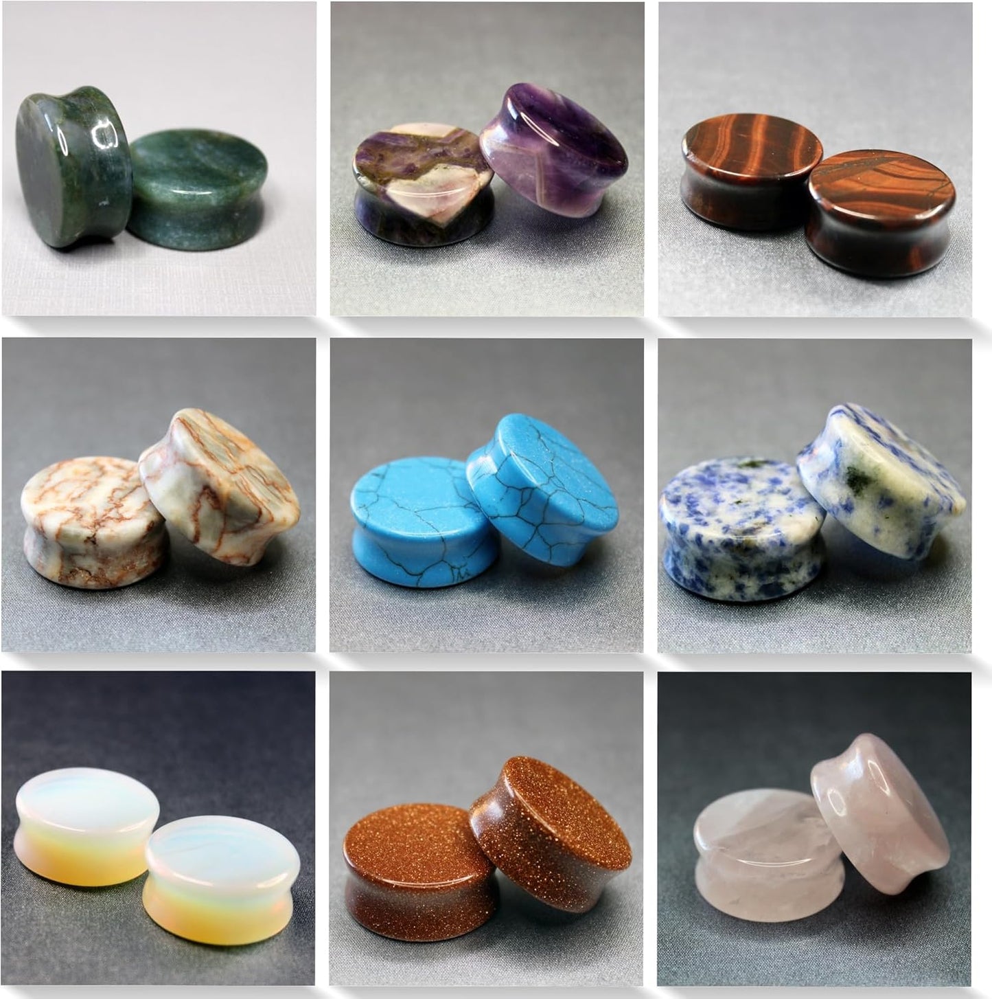 BodyJ4You | 18PC Body Piercing Stone Plugs - Organic Jojoba Oil Aftercare Balm - 24mm (1") Double Flared Tunnels