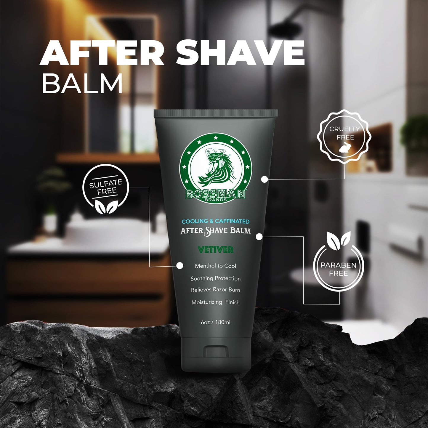 Bossman Cooling & Caffeinated After Shave Balm for Men – Soothes & Protects with Menthol, Caffeine & Tea Tree – Vetiver X Scent