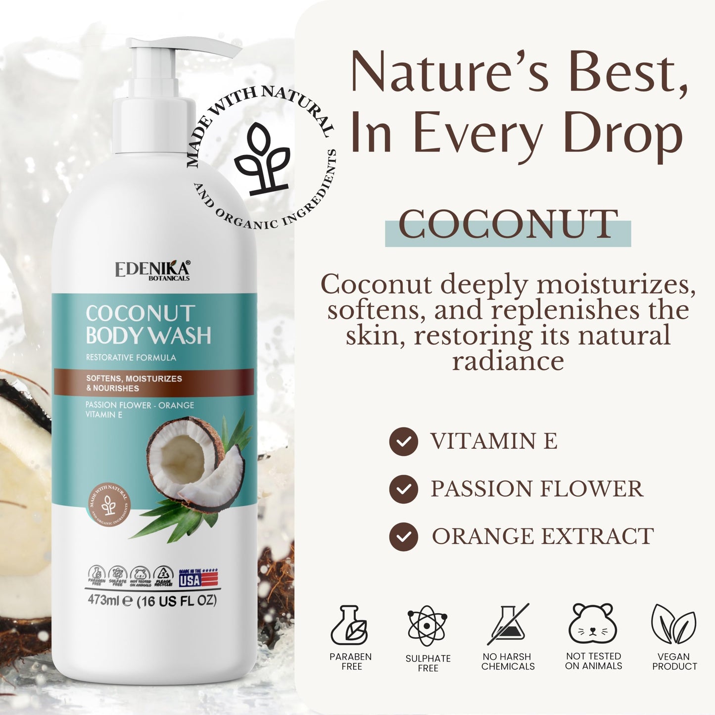 EDENIKA BOTANICALS Coconut Body Wash, Cleans, Softens & Nourishes, Ultra Moisturizing Shower Gel for Dry and Sensitive Skin, Women & Men, Organic & Natural, 16 fl oz, 2-Pack