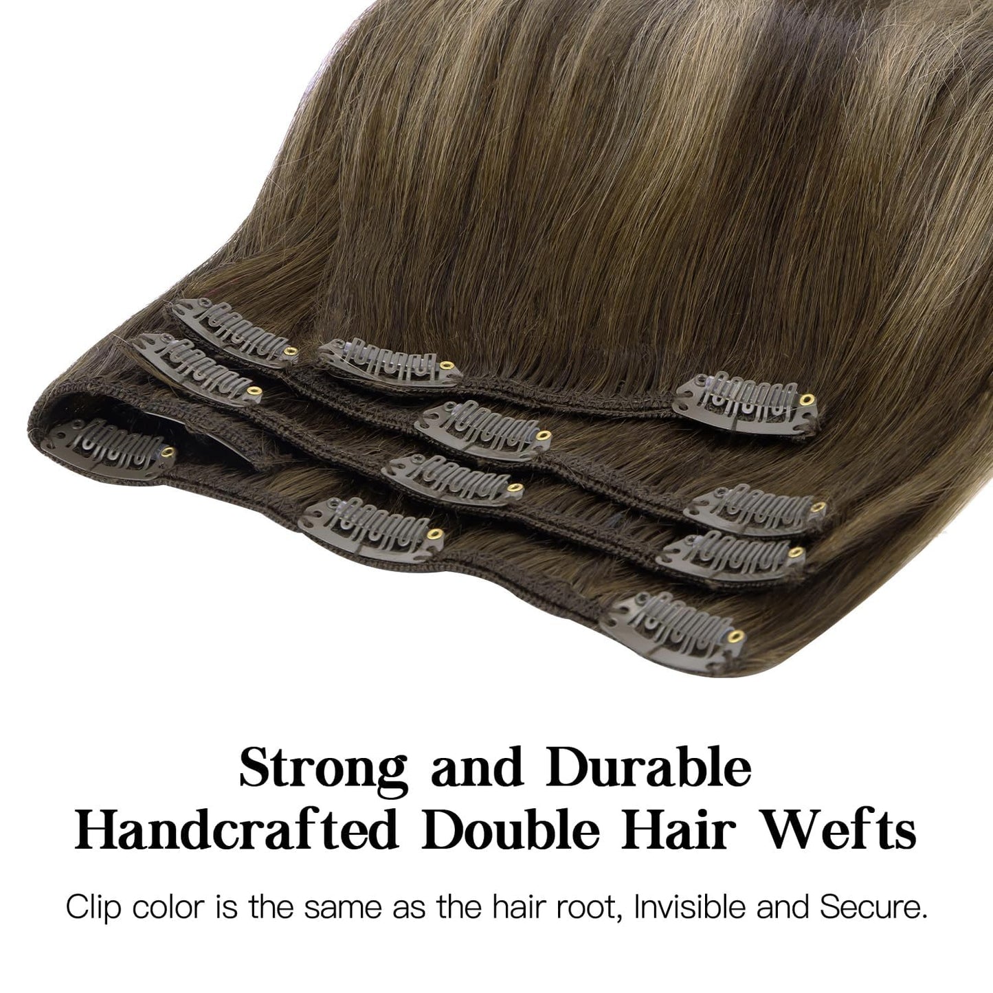 HOTBANANA Human Hair Clip in Hair Extensions, Balayage Chocolate Brown with Honey Blonde 120g Clip in Hair Extensions Real Human Hair Straight Remy Hair Clip Ins Dark Roots Ombre 14 Inch 7pcs