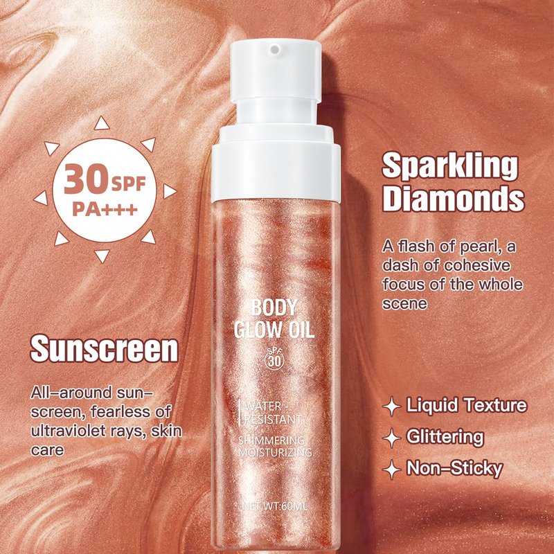 Rose Gold Body Glow Oil - SPF 30 Lightweight Sunscreen & Moisturizer | Quick-Absorbing Shimmer Lotion, 2 oz