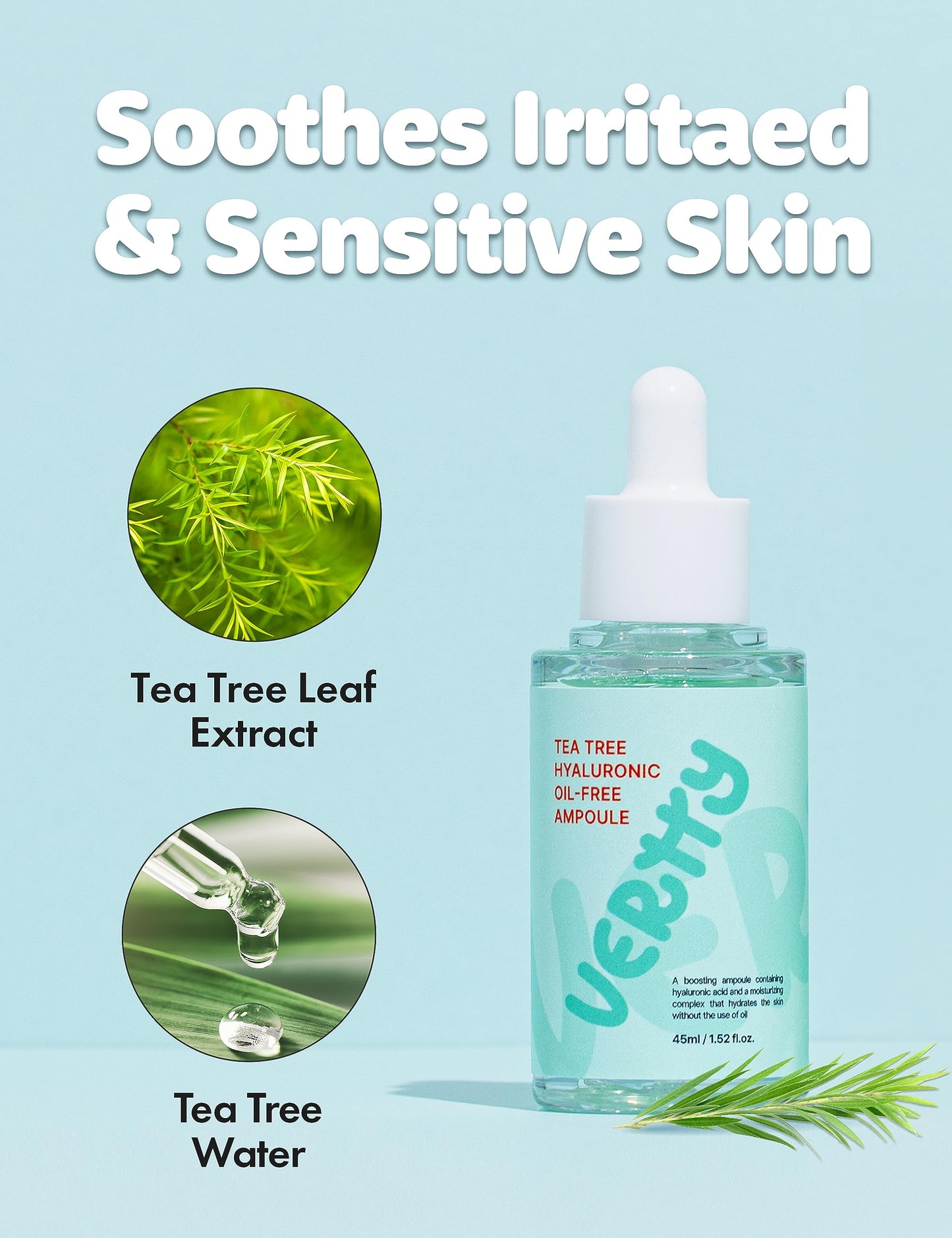 Vertty Tea Tree Hyaluronic Oil Free Ampoule | Hydrating, Moisturizing, Redness Relief Serum | Blemish Skin Corrector Serum | Non-Comedogenic Moisturizer for face | Long-lasting Hydration (1.5oz)