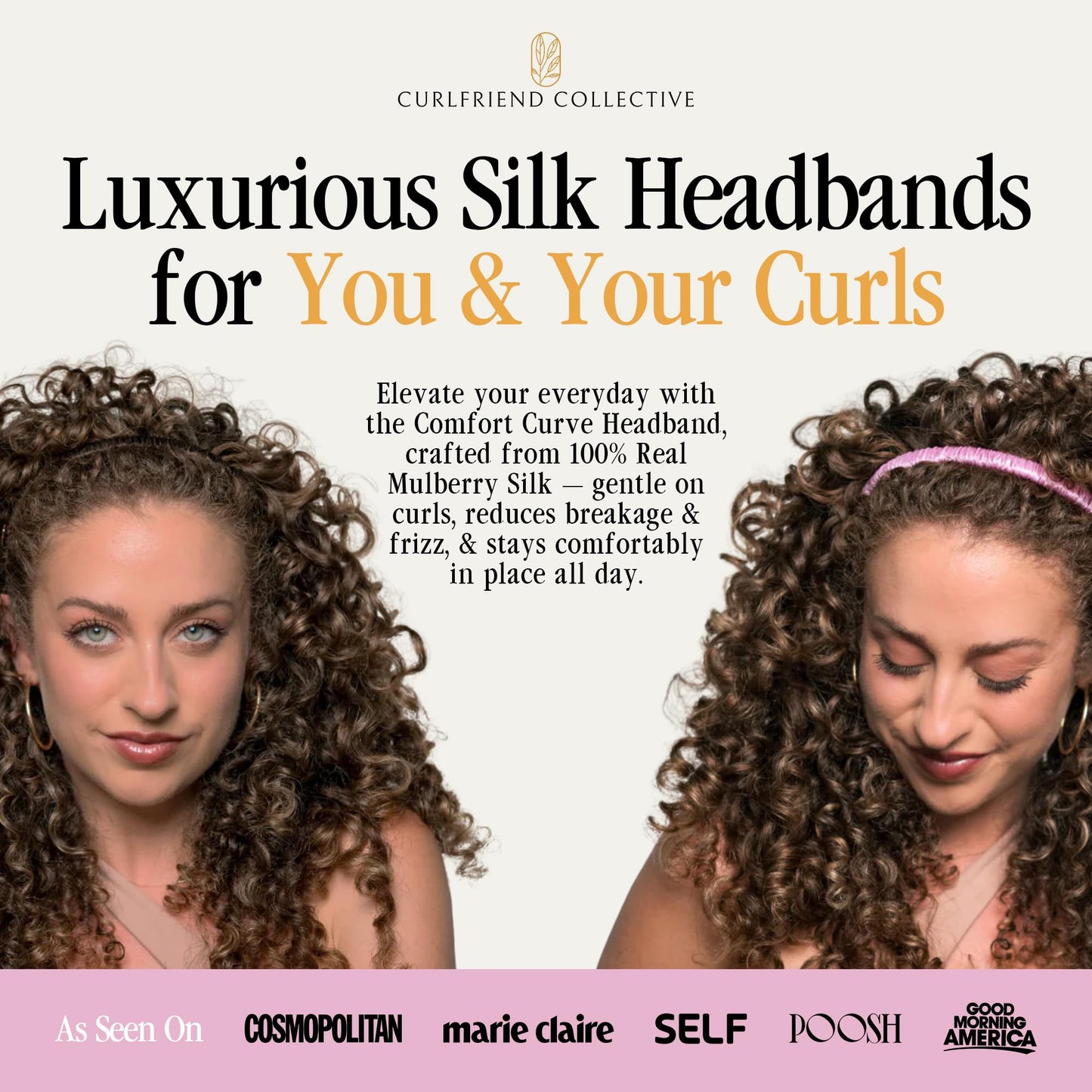 Curlfriend Collective Onyx Comfort Curve Silk Headband – Luxury 100% Mulberry Silk, No-Slip Headband for Women – Gentle, Headache-Free Fit for Curly, Coily & Textured Hair