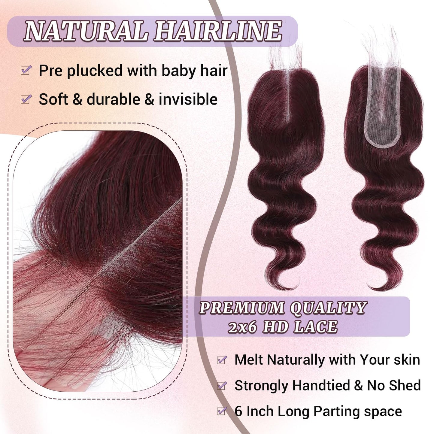 DSEKCAIN 2x6 HD Lace Closure Human Hair Body Wave 99J Burgundy Dark Red Wine Color Transparent Lace Closure 2x6 Long Deep Middle Part 100% Raw Virgin Human Hair 12 Inch 150% Density