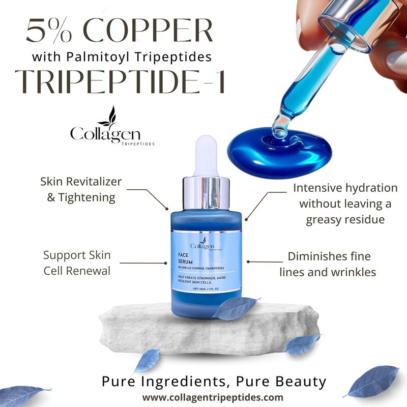 Collagen Tripeptides - 5% Copper Tripeptide GHK-Cu + Palmitoyl Tripeptides Face and Neck Serum Skin Revitalizer, Support Anti Wrinkle, Tightening, Collagen - For Men and Women