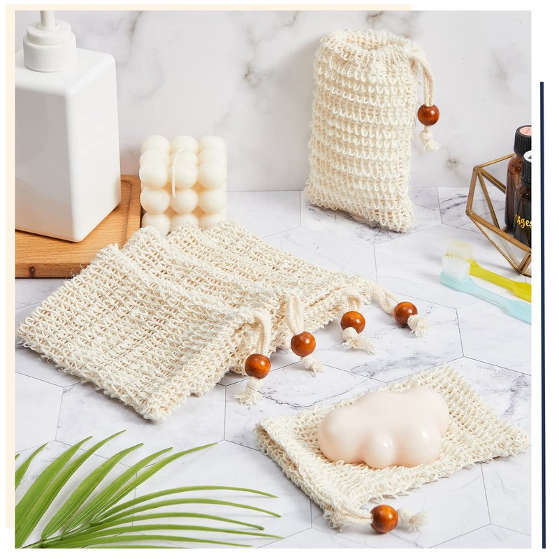 Cunhill 80 Pack Soap Saver Bag Exfoliating Soap Pouch with Drawstring Bar Wooden Bead Foaming and Drying Exfoliating Net for Bath and Shower (3.5x5.5 Inch)