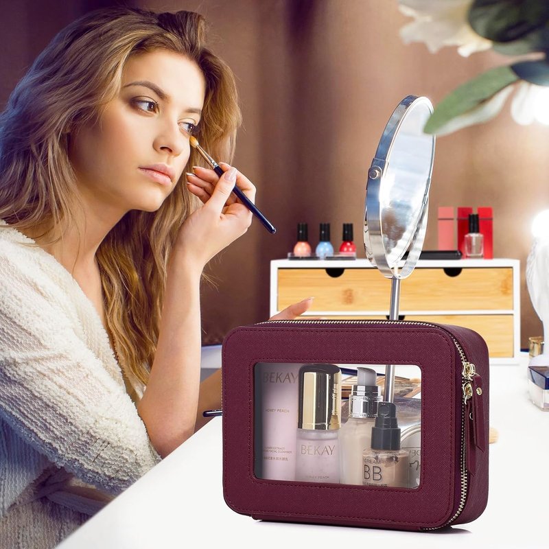 Clear Makeup Bag - Waterproof Travel Case for Cosmetics & Toiletries | Women's Organizer in Pink & Burgundy (L, M, Mini)