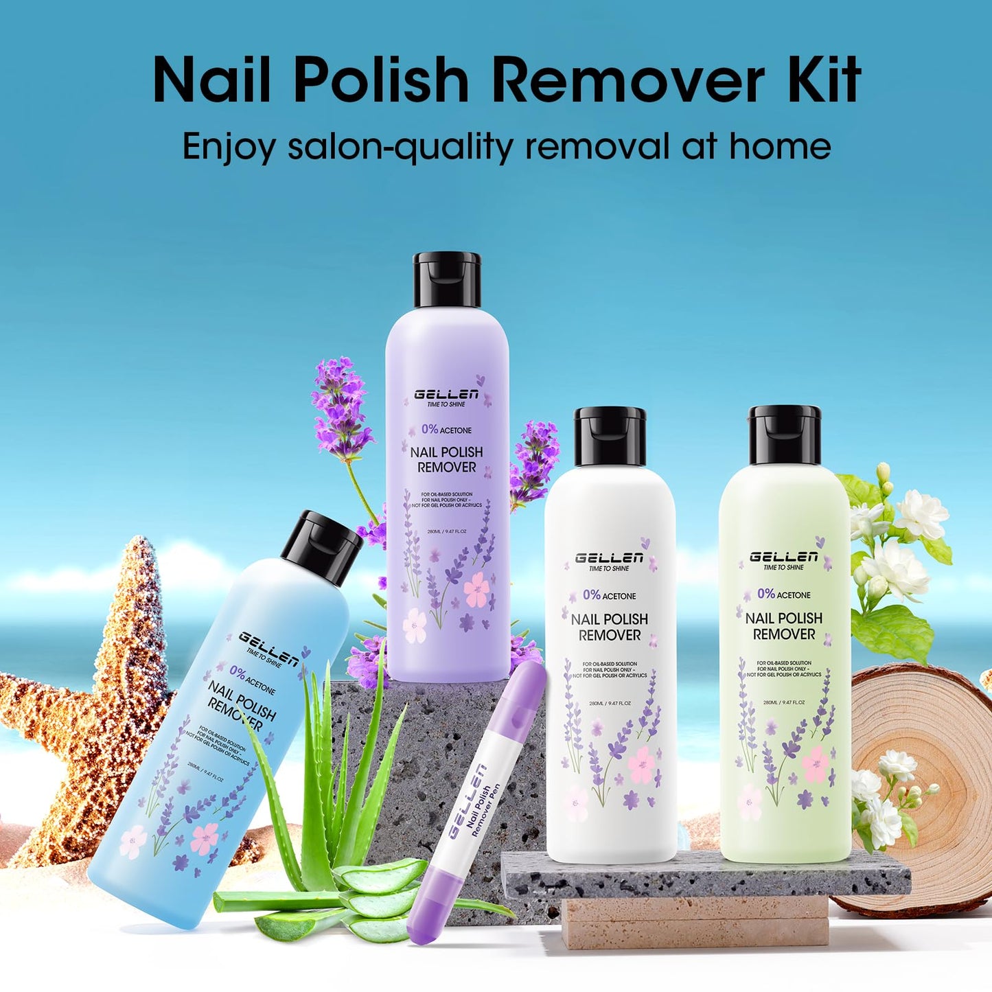 Gellen Nail Polish Remover Set with Corrector Pen, 280ml Ocean Breeze Scent Non-Acetone Nail Polish Remover, Precision Pen with 3 Refill Tips Easy Use | Rapidly Removes Natural and Glitter Nails