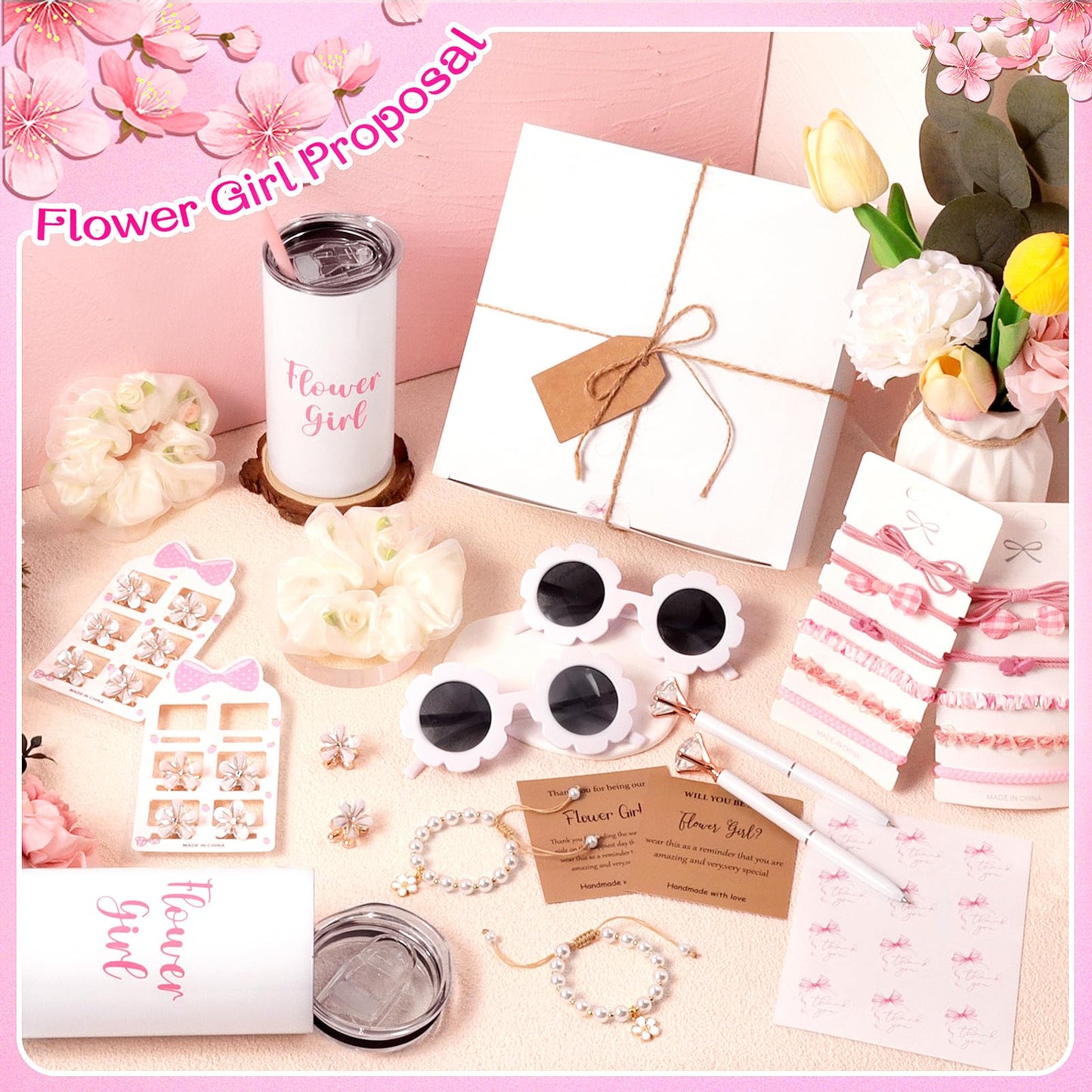 40pcs Flower Girl Proposal Gifts Set of 2, White 12oz Tumbler Sunglasses Pearl Bracelet Diamond Pen Hair Ties Flower Girl Sets for Little