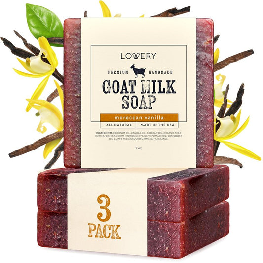 LOVERY (3-Pack Goat Milk Soap Handmade Made in USA with Organic Shea Butter Moroccan Vanilla Scent - Goats Milk Soap Bar, All Natural Soap Bar Made with Organic Goat Milk, 3 Pack, Net 15oz.