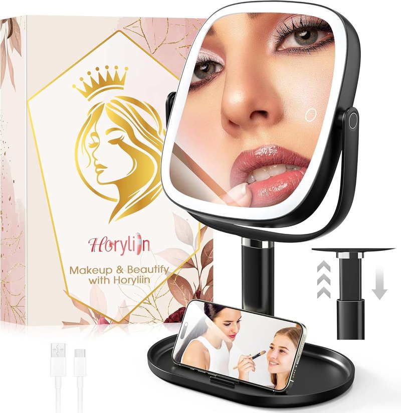 Makeup Mirror with Lights - 10x/1x Magnifying Rechargeable Desk Mirror | 3-Color Lighting & 360° Adjustable (Black)