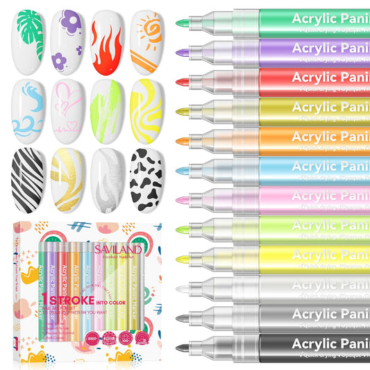 SAVILAND 12 Colors Nail Art Pens Set - 3D Nail Polish Pens Acrylic Paint Pens Nail Markers for Nail Art Drawing Painting Nail Point Dotting Liner Pen Manicure Tools Nail Design Kit Home Nail Salon DIY