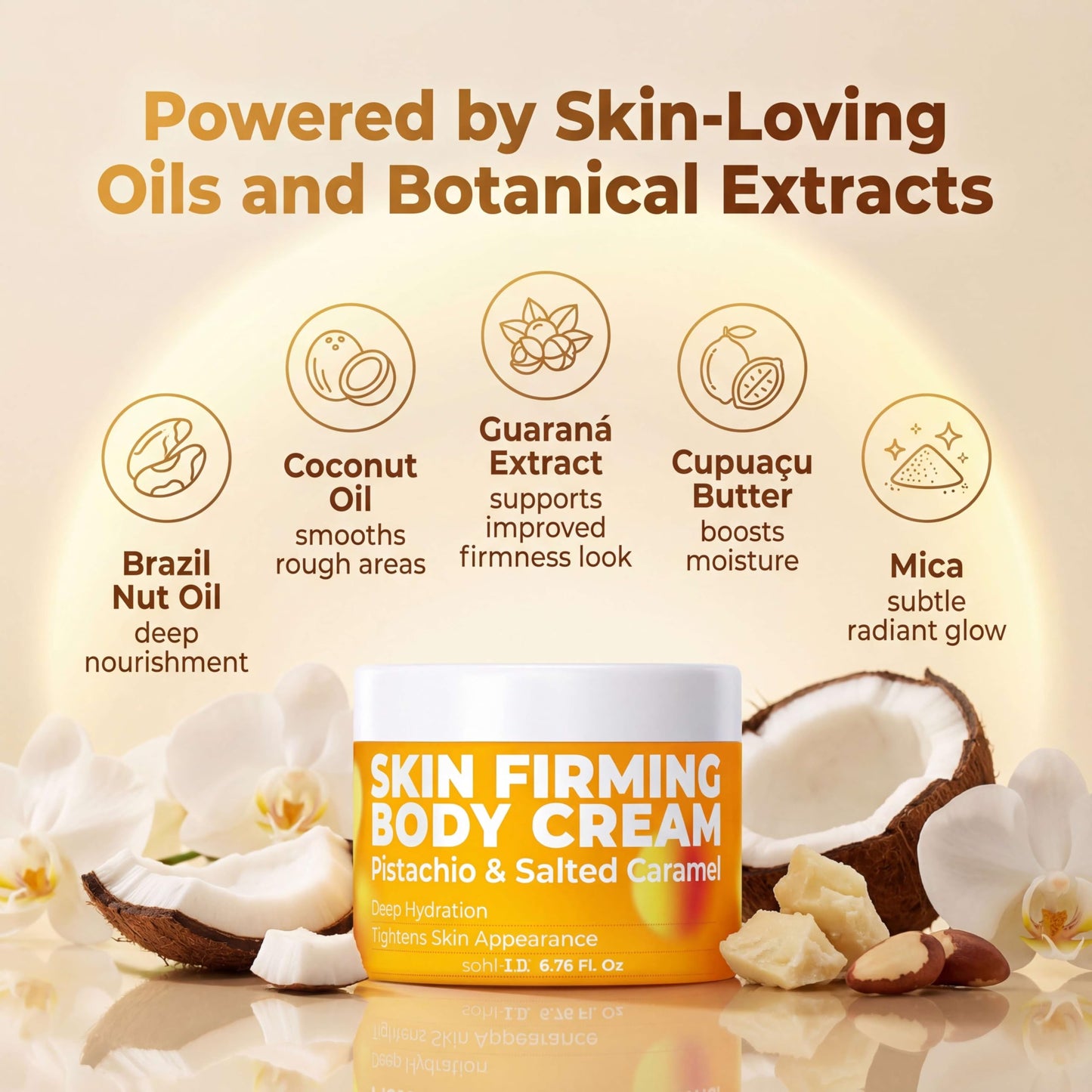 sohl-I.D. Skin Firming Body Cream, Hydrating Moisturizer with Brazil Nut Oil, Coconut Oil & Guaraná Extract, Improves the Look of Skin Firmness, Paraben & Sulfate-Free, Vegan-Friendly - 6.76 fl oz