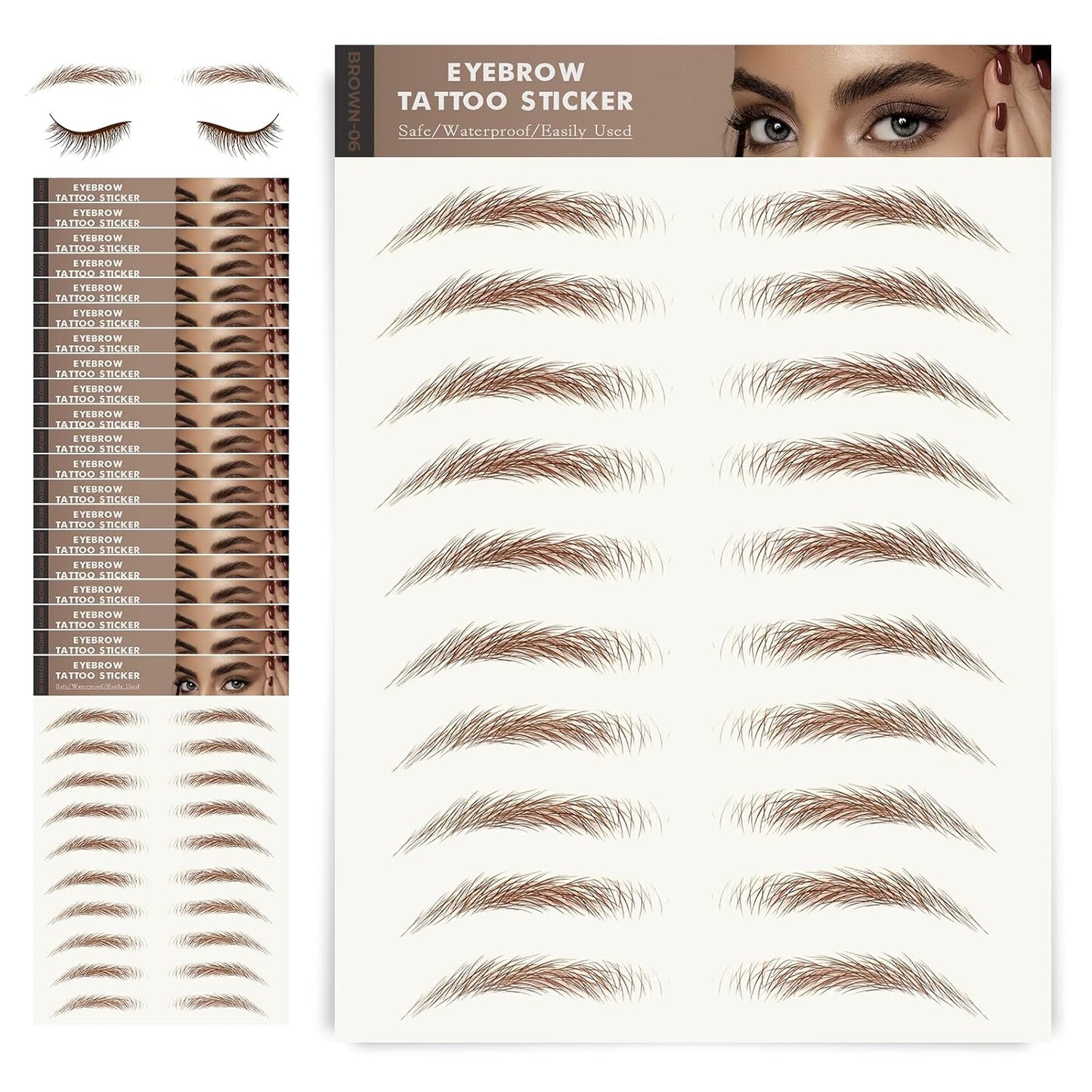 Eyebrow Tattoo Stickers - 20 Sheets Waterproof 4D Hair-Like Natural Peel-Off Transfers | Natural Brown