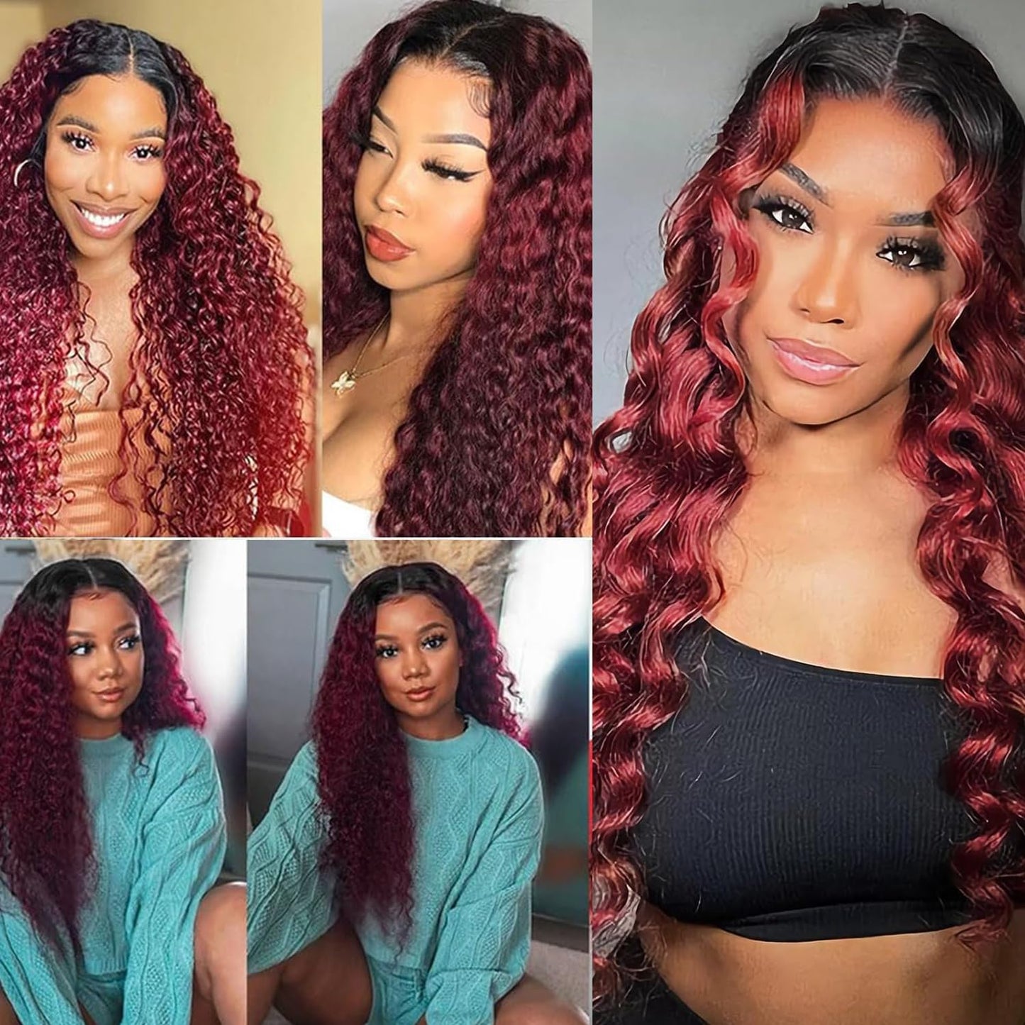 1b99j Burgundy Deep Wave Ombre Closure 4x4 Transparent Lace Closure Human Hair Unprocessed Brazilian Virgin Remy Hair High Density 2 Tone 1b/99j Wet And Wavy Deep Curly 18 Inch