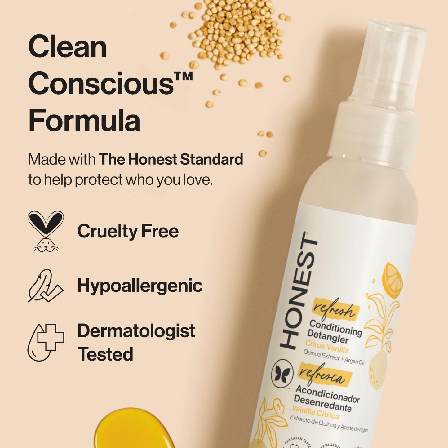 The Honest Company Conditioning Hair Detangler, Tear-Free, Hypoallergenic, Leave-In Conditioner and Fortifying Spray, Citrus Vanilla Refresh, 4 fl oz