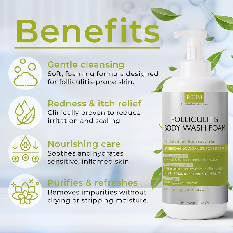 Folliculitis Treatment Body Wash - Foaming Cleanser for Sensitive Skin | Redness Relief, Sulfate-Free with Bonus Scrubber Brush