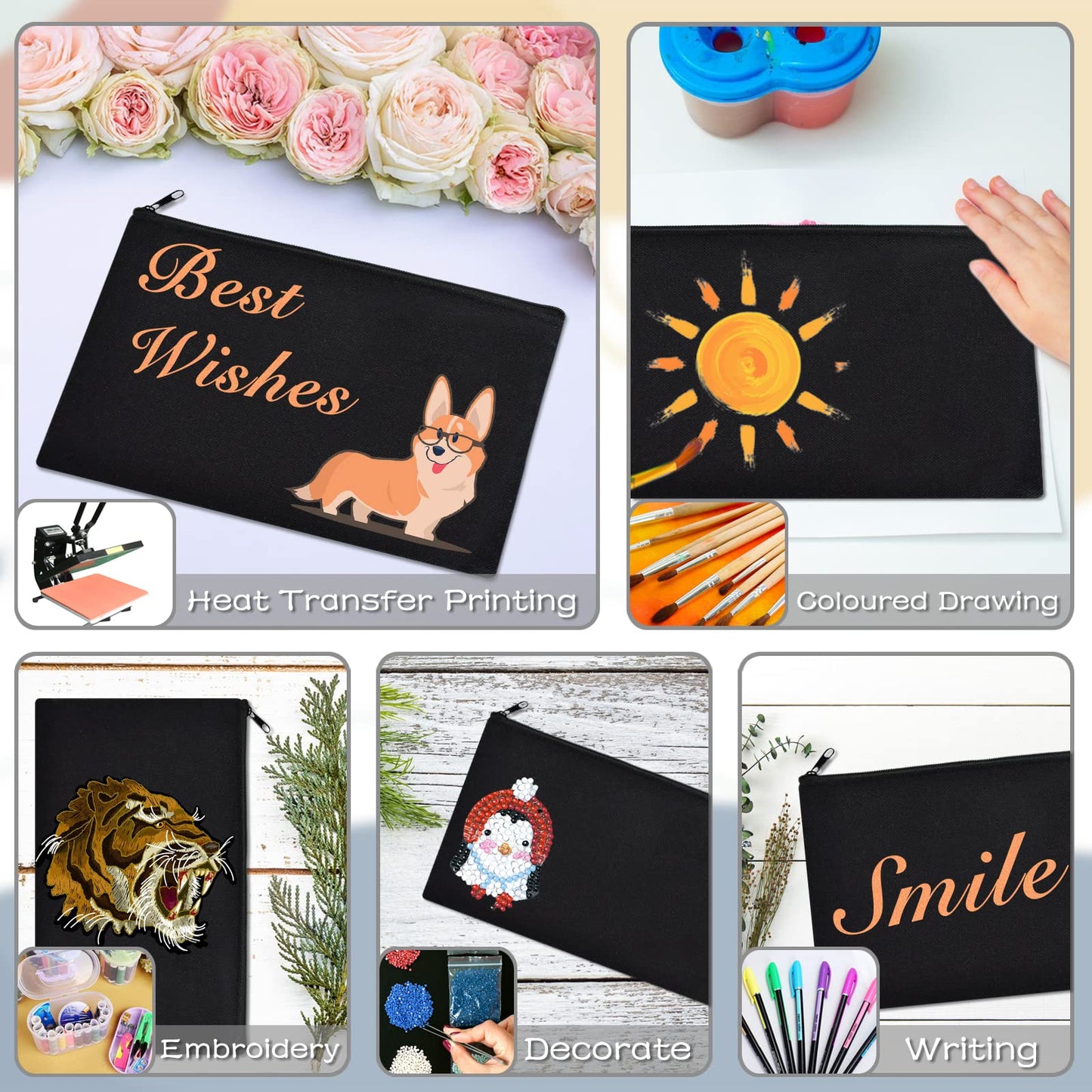 ZeeDix 36 Packs Black Canvas Pouch- Multi-purpose Cosmetic Bag with Zipper, Blank DIY Craft Canvas Zipper Bag, Travel Toiletry Bag (8.3 x 5 inches)