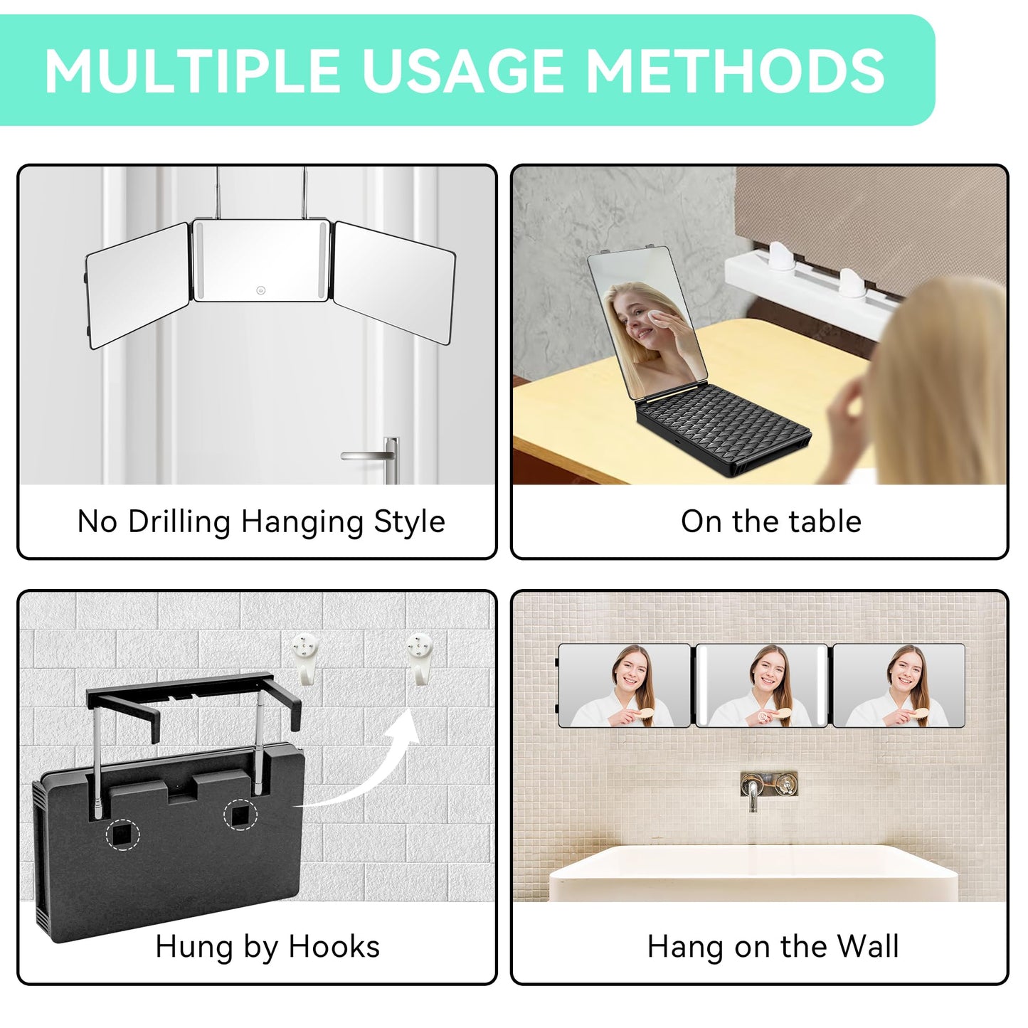 Moruedtu 3 Way Mirror with LED Lights & 360° View,See Back of Head Trifold Barber Mirror for Self Haircut, Shaving & Braiding, Portable Travel Design with Hook for Home,Men & Women (Black)