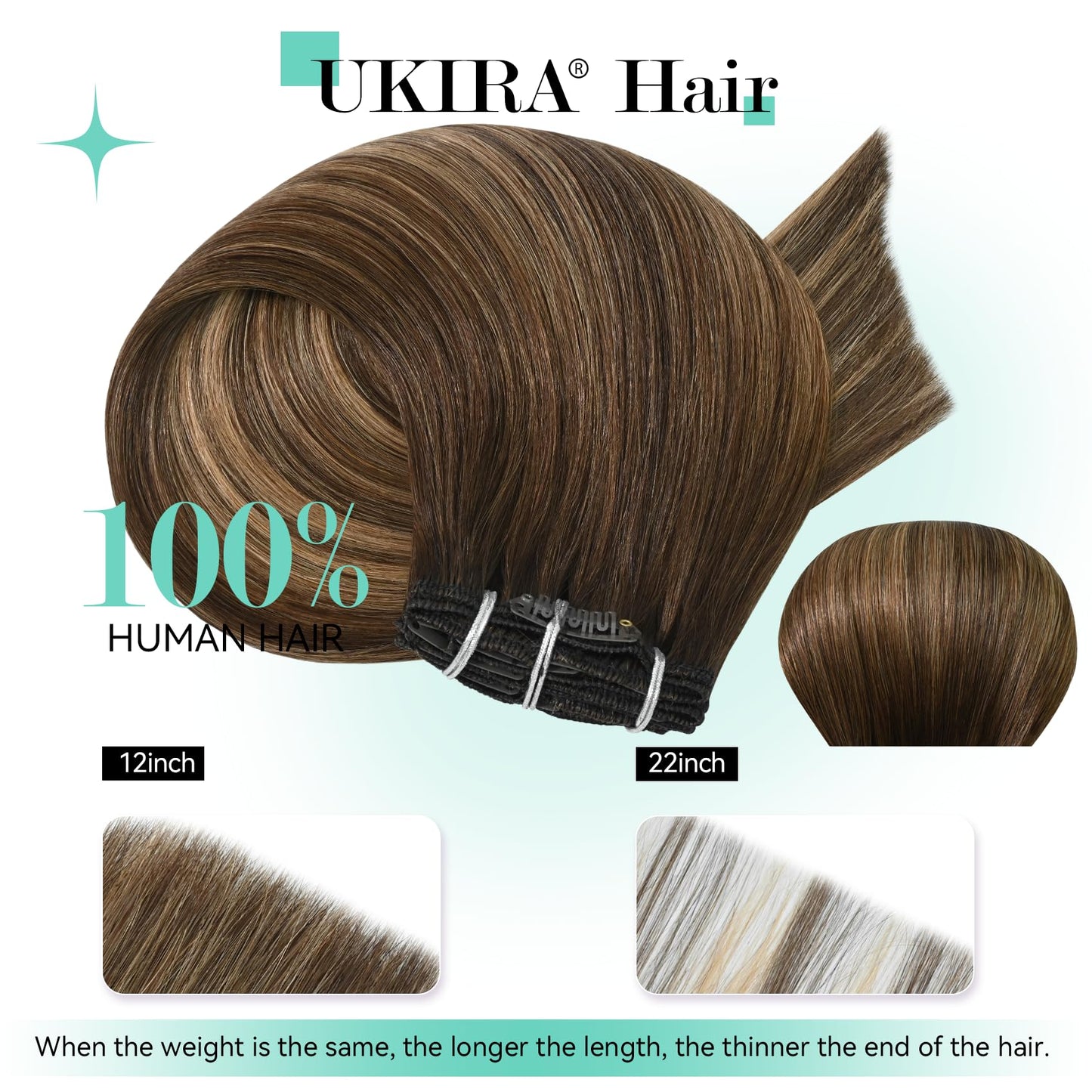 Ukira Balayage Clip in Hair Extensions Real Human Hair, 12 Inch 75g 4/27/4 Chocolate Brown to Caramel Blonde Ombre Human Hair Extensions, Natural Straight Remy Human Hair Clip ins for Women