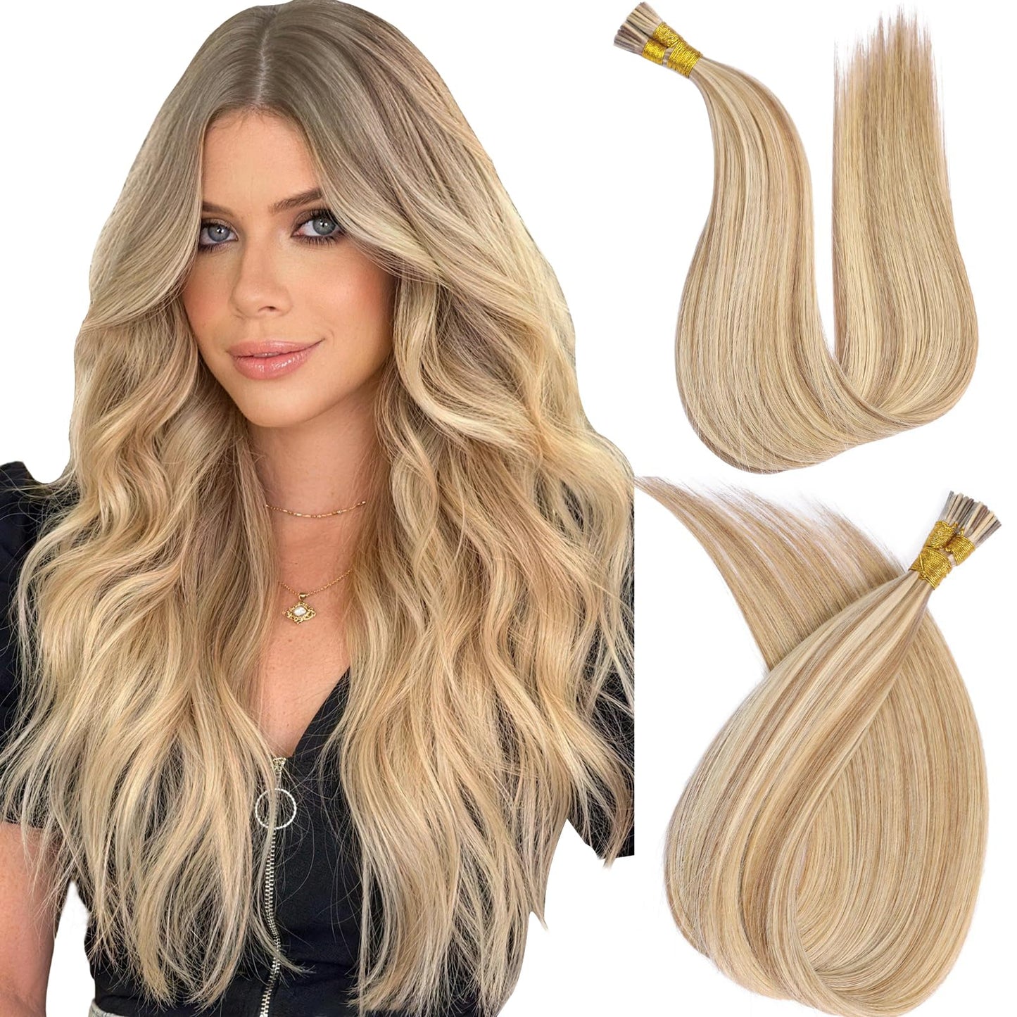 MioYio I Tip Hair Extensions Human Hair 30G/Pack Human Hair Itip Human Hair Extensions Dark Blonde to Highlighted Blonde Pre Bonded Extensions Long Straight #18/613 14Inch