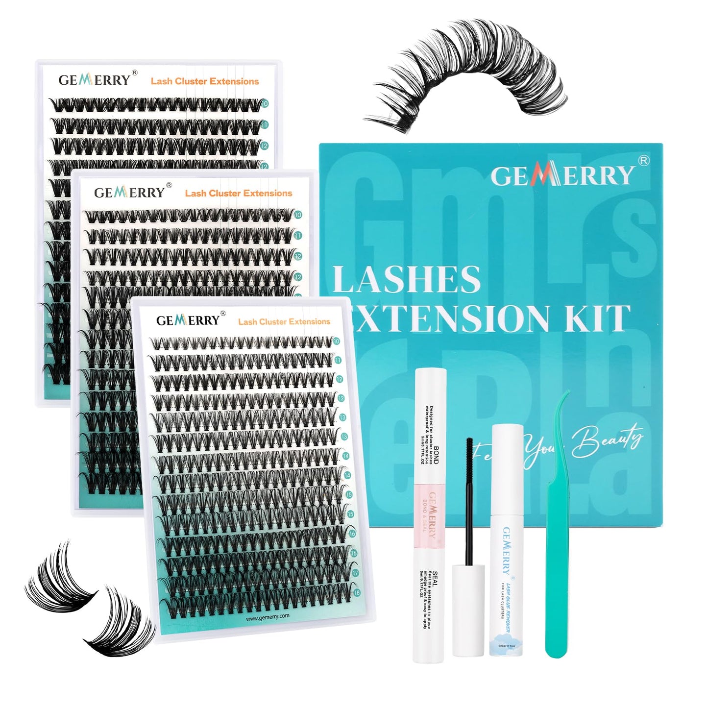 GEMERRY Lashes Clusters Kit Thick Lash Clusters 3 Styles 840Pcs Fluffy Lash Clusters Kit with Waterproof Bond and Seal Remover Tweezers for Beginners（30P+40P+50P）