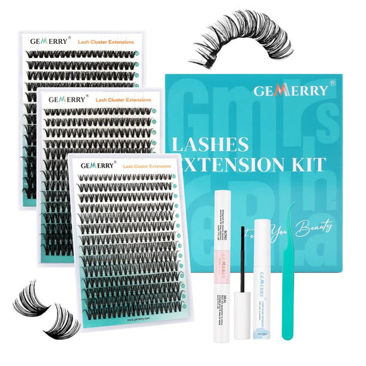 GEMERRY Lashes Clusters Kit Thick Lash Clusters 3 Styles 840Pcs Fluffy Lash Clusters Kit with Waterproof Bond and Seal Remover Tweezers for Beginners（30P+40P+50P）
