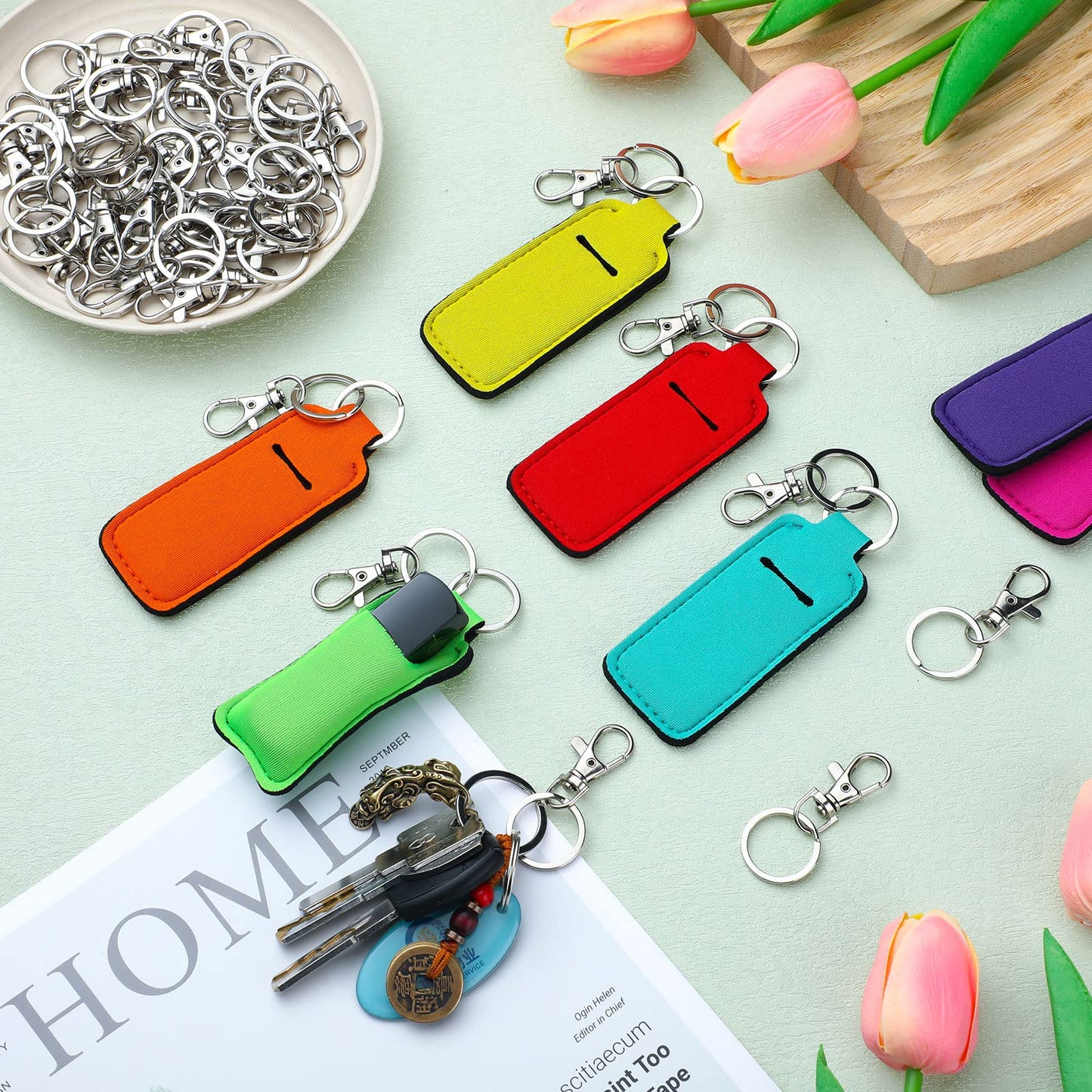 Tudomro 40 Pcs Lipstick Holder Keychain Lip Balm Sleeve Pouch with 40 Clip Portable Pocket Lip Balm Lipstick Keychain Colorful Gloss Tube Holder Gift for Women, 20 Colors