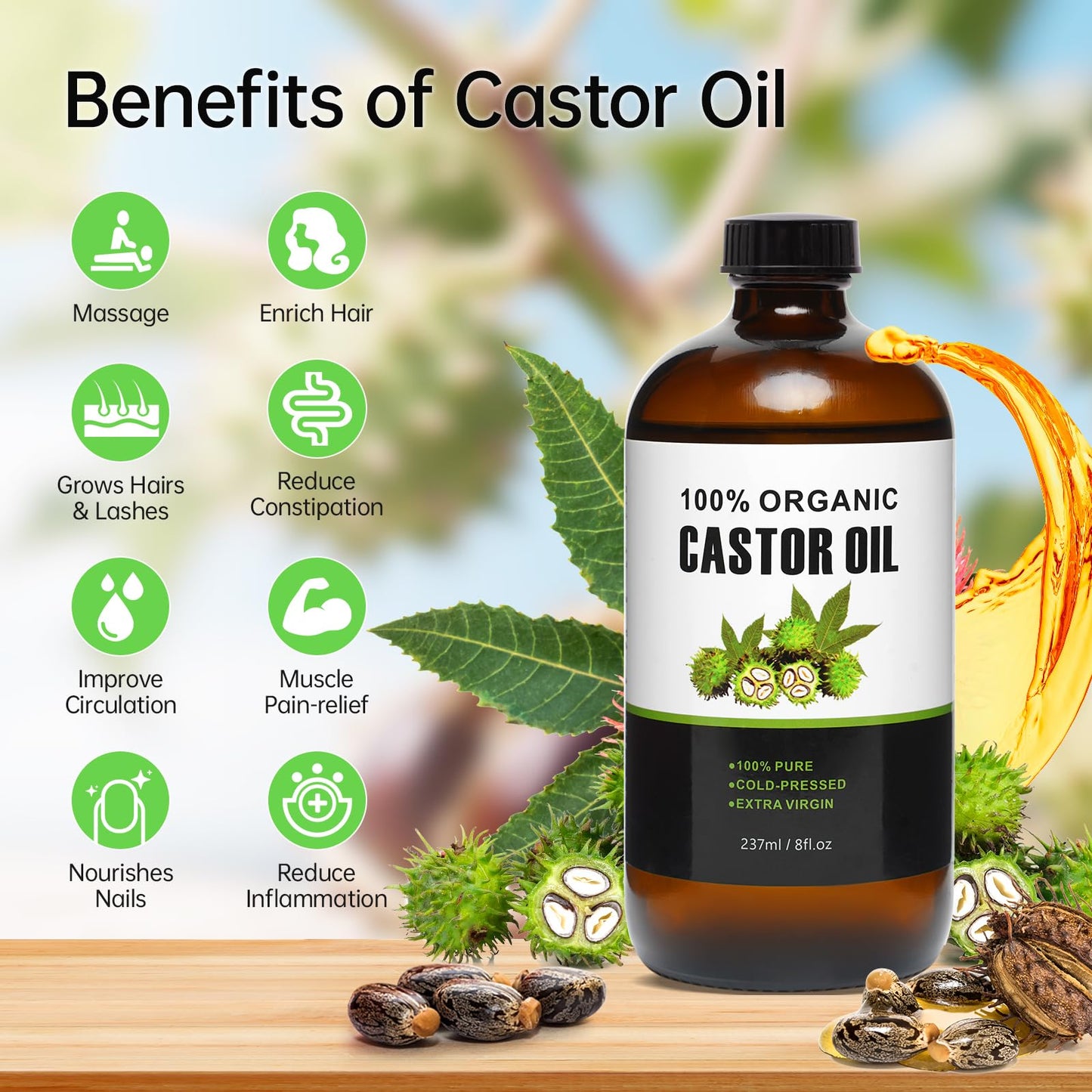 Castor Oil Patches Kit 30 Pack, With 8 oz Organic Cold Pressed Castor Oils, Comfortable Organic Cotton Castor Oil Pack Wrap for Stomach, Belly Button and Liver Detox Ect, Easy of Use and Hygienic