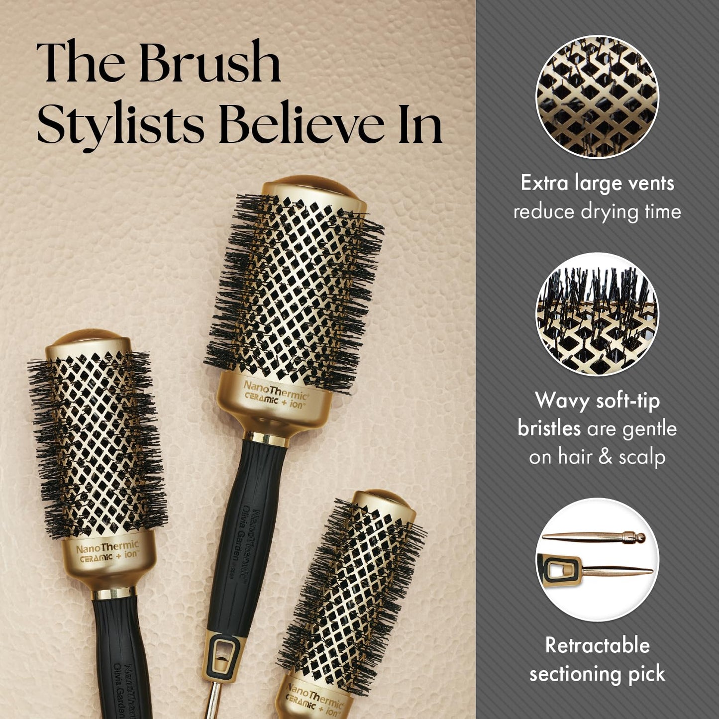Olivia Garden NanoThermic Ceramic + Ion Round Thermal Hair Brush - Not Electrical - Professional Blowout Brush for Normal to Thick Hair, NT-44G 1 3/4"