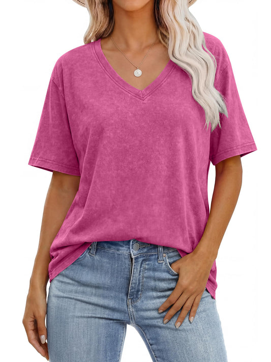 ANRABESS Womens Oversized Acid Washed T-Shirt Short Sleeve Vintage Casual V Neck Tops 2026 Summer Basic Tee Trendy Clothes Hot Pink X-Large