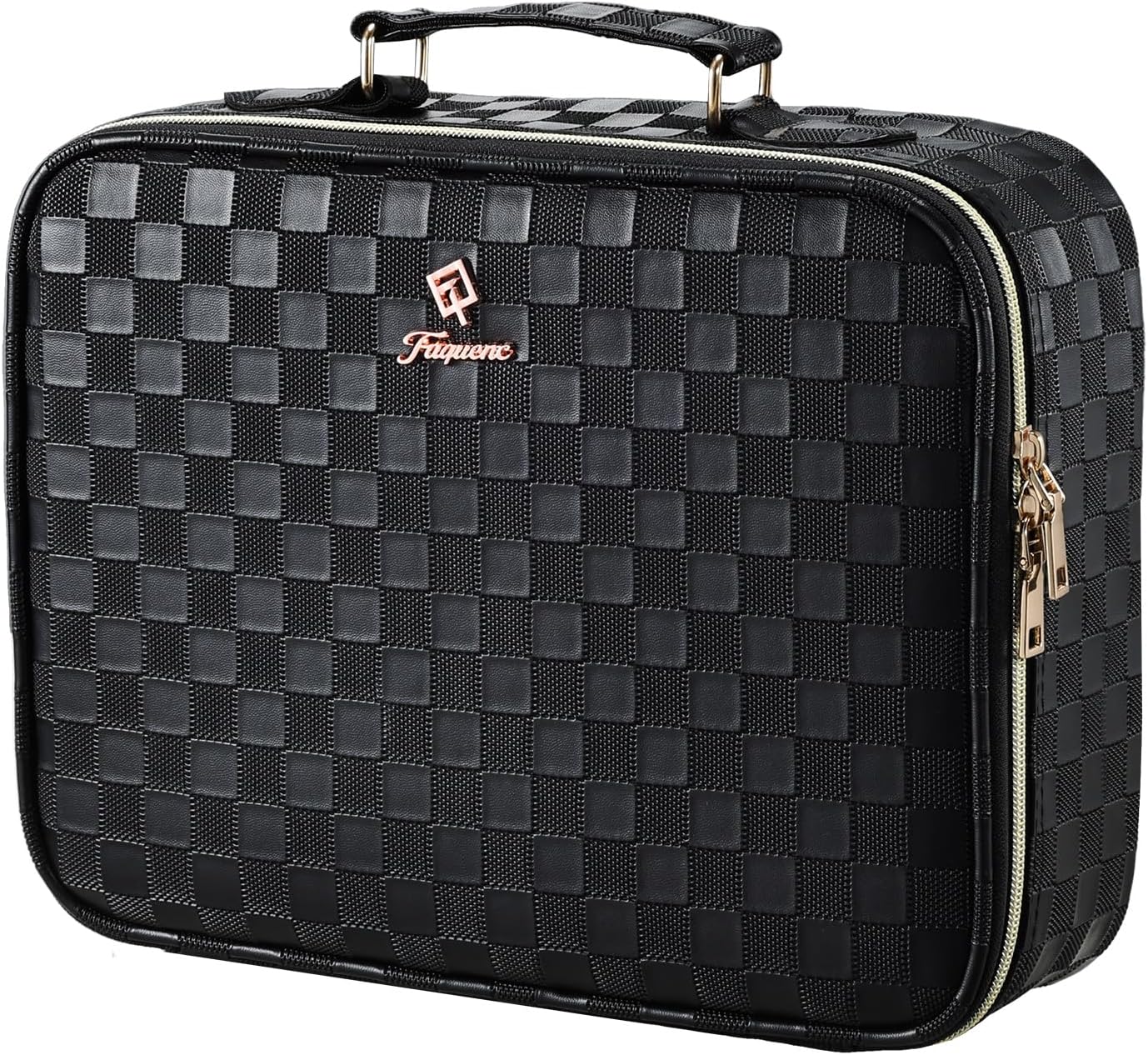 LED Lighted Makeup Bag - 12.2" Travel Cosmetic Organizer with Adjustable Brightness | Black Checkerboard Design, Dividers & Brush Holder