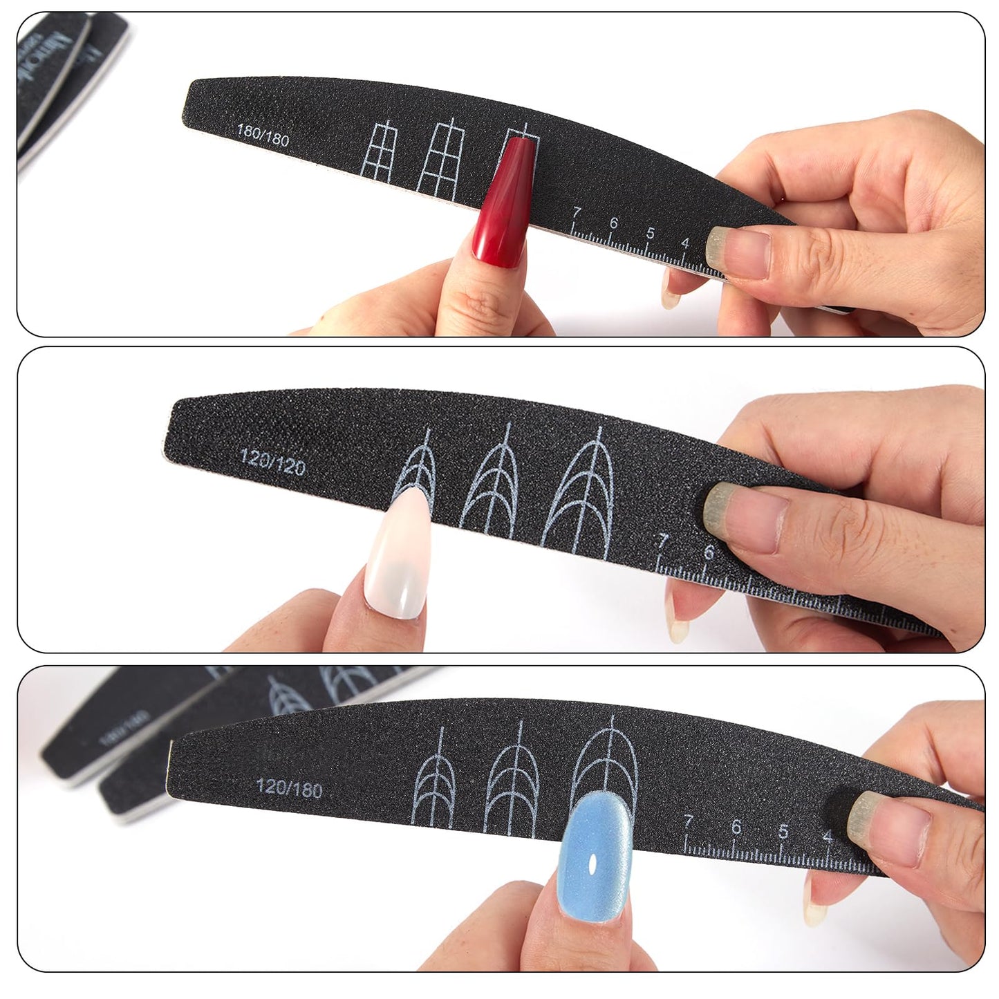 XEAOHESY 9 Pieces 120/120, 120/180, and 180/180 Grit Both Sides Nail Files with Reference Graphic for Nail Shape（Square, Almond, Oval）, Nail Files for Natural Nails
