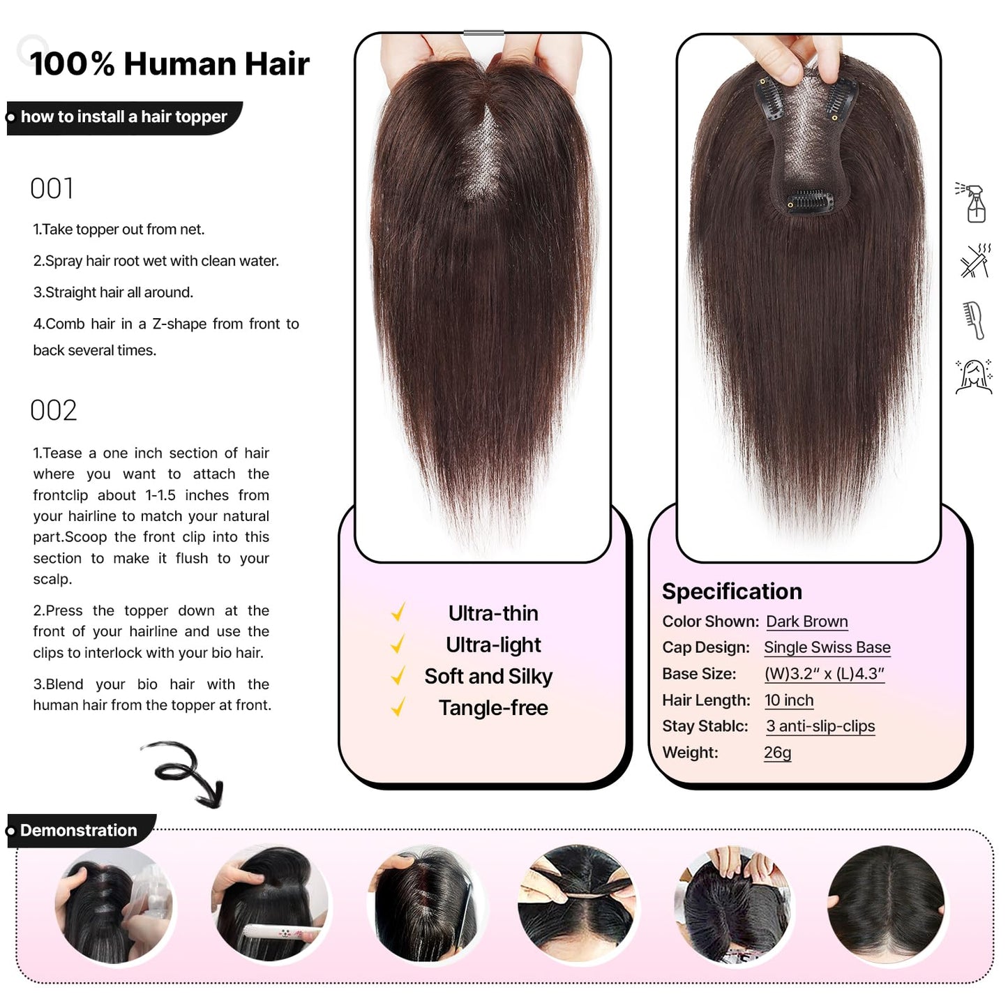 SHEIRIS Human Hair Toppers for Women, for Women with Thinning Hair Swiss Base, No Bangs, 10 Inch (#3)