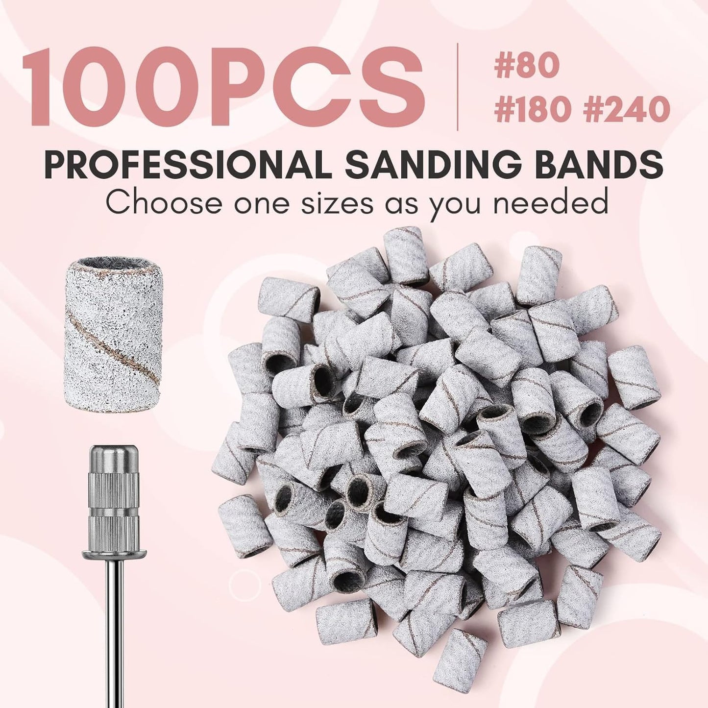 Sanding Bands for Nail Drill - 100 Pcs Medium Grit #180 | Durable Acrylic Nail File Bits, White