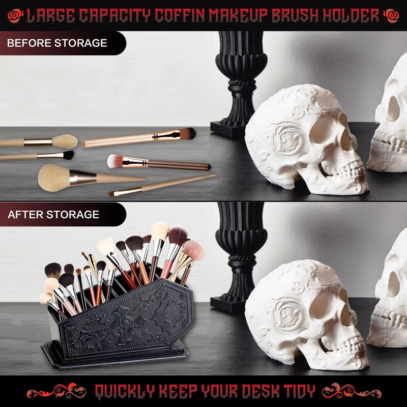 Gothic Coffin Decor Makeup Brush Holder,Spooky Witchy Gifts for Women,Bat Cosmetic Display Cases,Cross Goth Decor Pen Holder, Vanity, Desk, Office Organizer for Christmas Bedroom Bathroom,Black