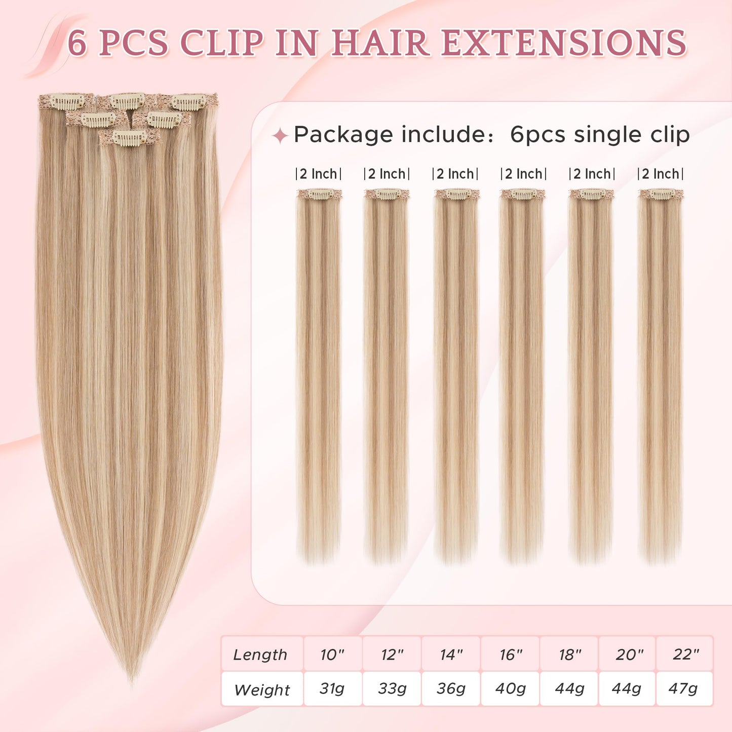 SEGO Single Clip In Hair Extensions Real Human Hair 6 Pcs Individual Clip Ins -18 Inch #12P613 Golden Brown&Bleach Blonde