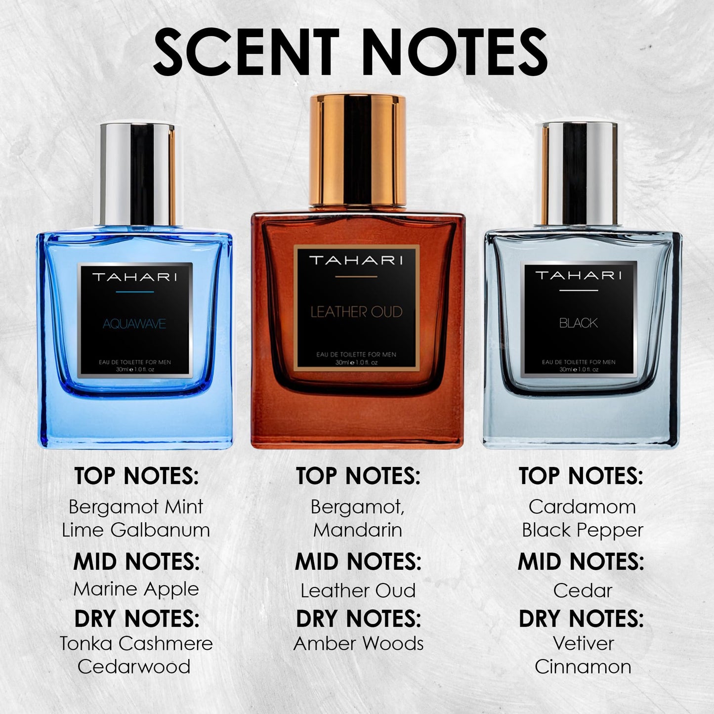 TAHARI Men’s Eau de Toilette Trio Set for Men – Leather Oud, Aquawave & Black Scents – Luxury Fragrance Collection with Rich, Long-Lasting, Contemporary Masculine Aromas, 3 x 1.0 fl oz / 3 x 30 mL.